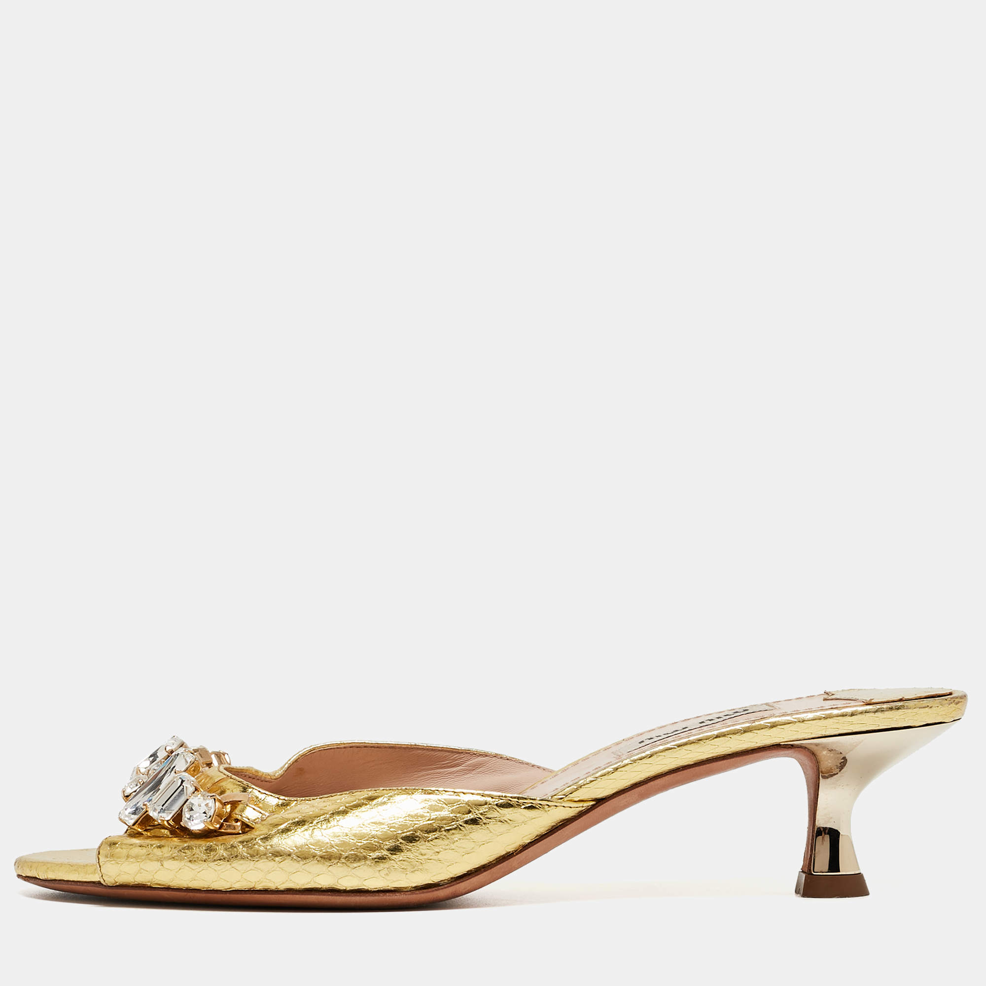 Pre Owned Miu Miu Gold Snakeskin Embossed Crystals Embellished Slide Sandals Size 38.5