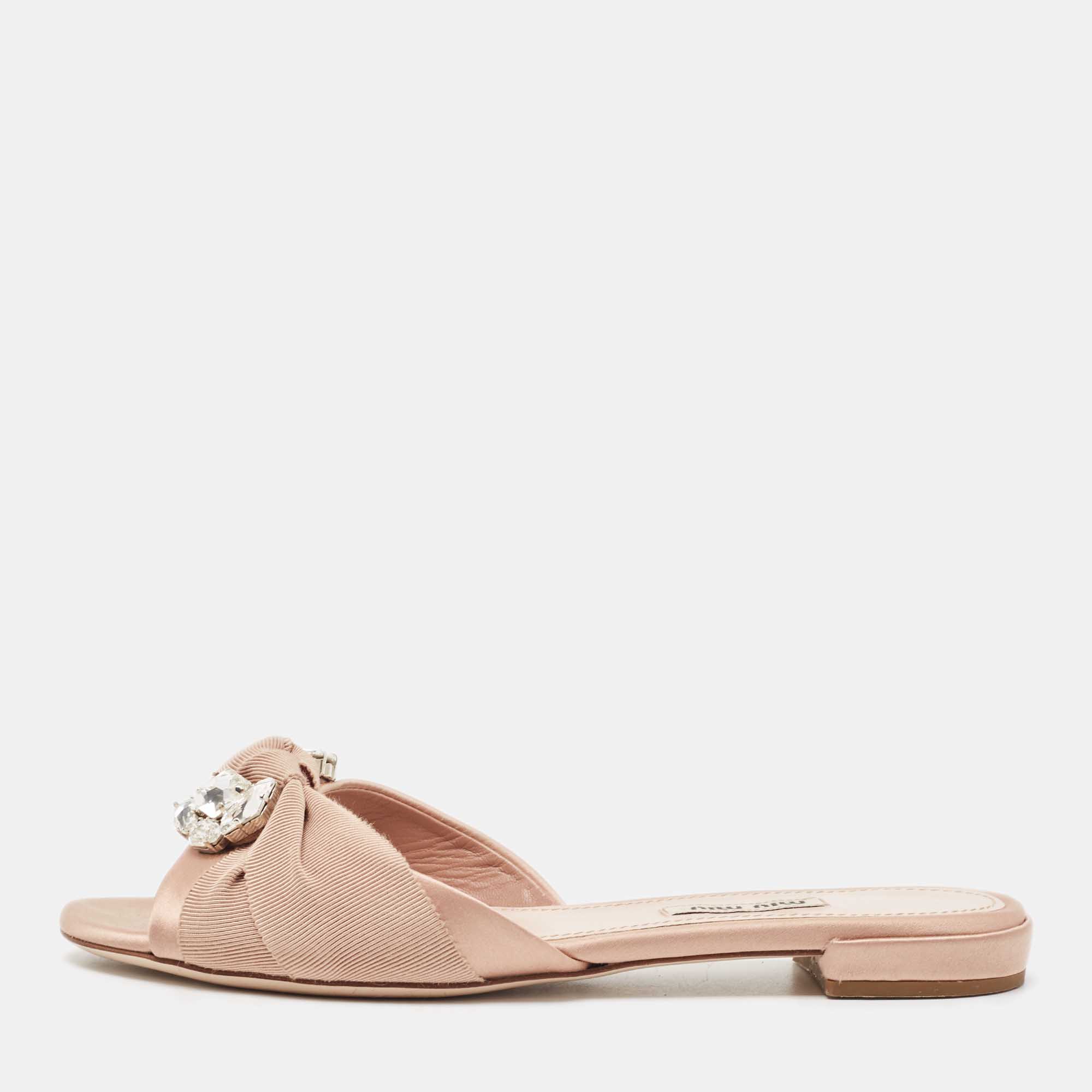 Miu Miu Light Pink Satin and Knotted Canvas Crystal Embellished Flat Slides Size 38.5