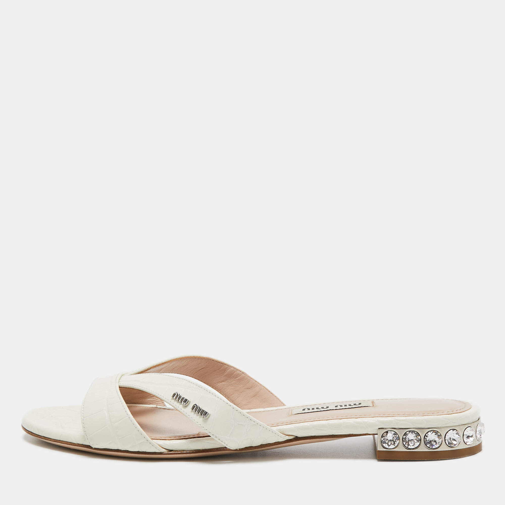 Miu Miu White Croc Embossed Leather Crystal Embellished Flat Slides Size 36