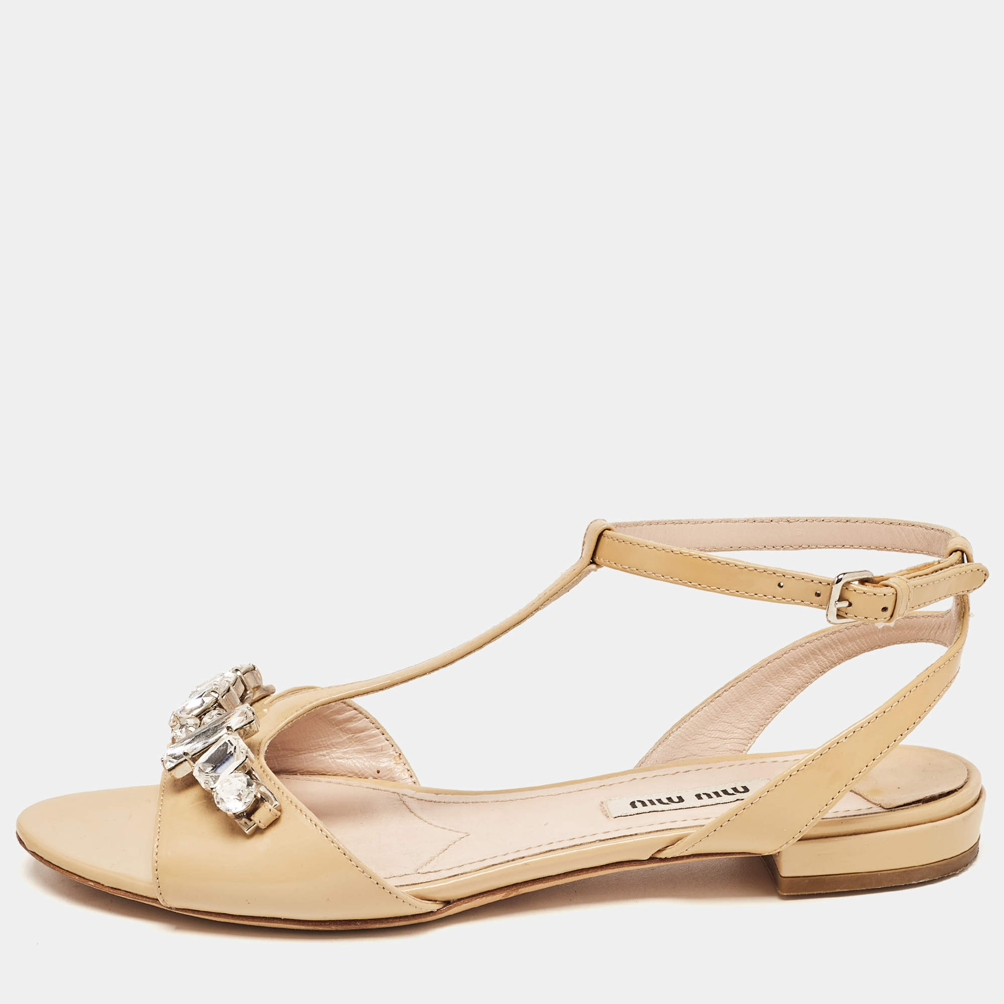 Miu Miu Beige Patent Crystal Embellished Ankle Strap Flats Size 36