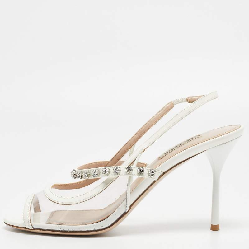 Miu Miu Cream Patent Leather Crystal Embellished Sandals Size 38.5