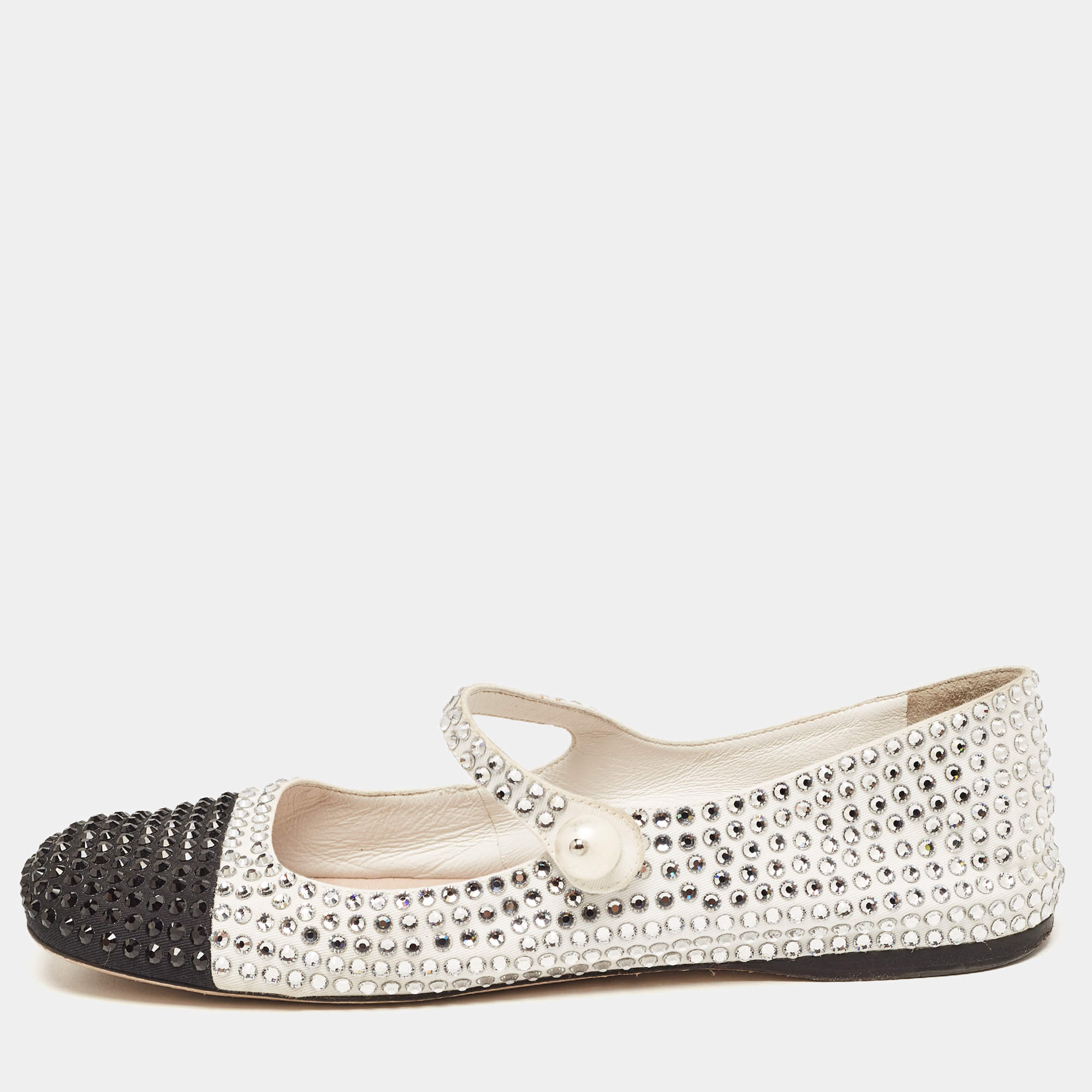 Pre Owned Miu Miu White/Black Crystal Embellished Fabric Mary Jane Ballet Flats Size 40