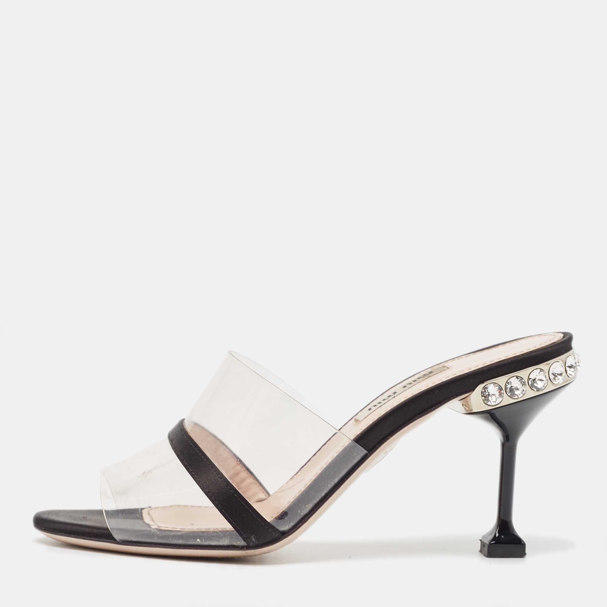 Pre Owned Miu Miu Black/Transparent PVC and Satin Slide Sandals Size 36