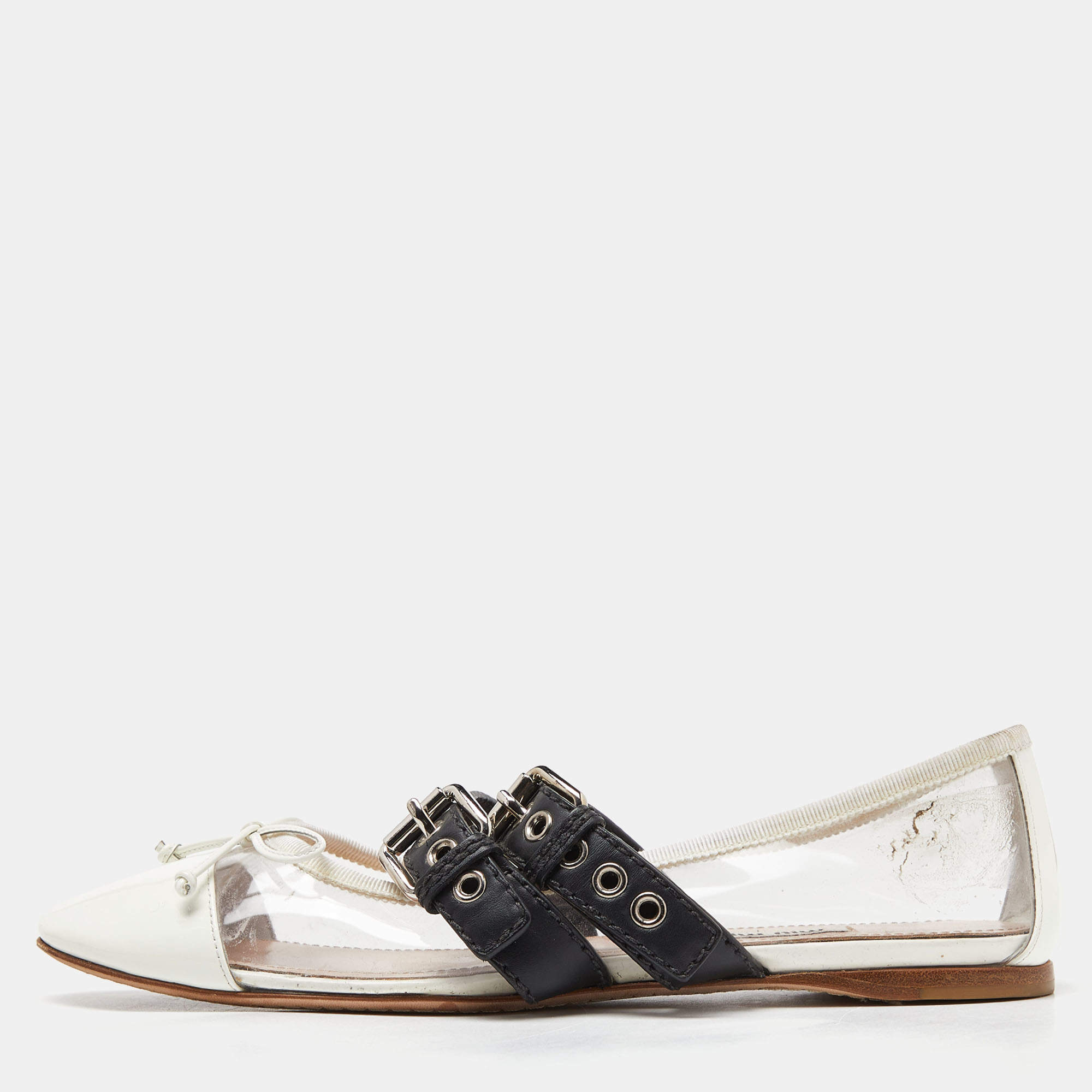 Pre Owned Miu Miu Transparent/White Pvc and Leather Buckle Detail Bow Ballet Flats Size 38.5