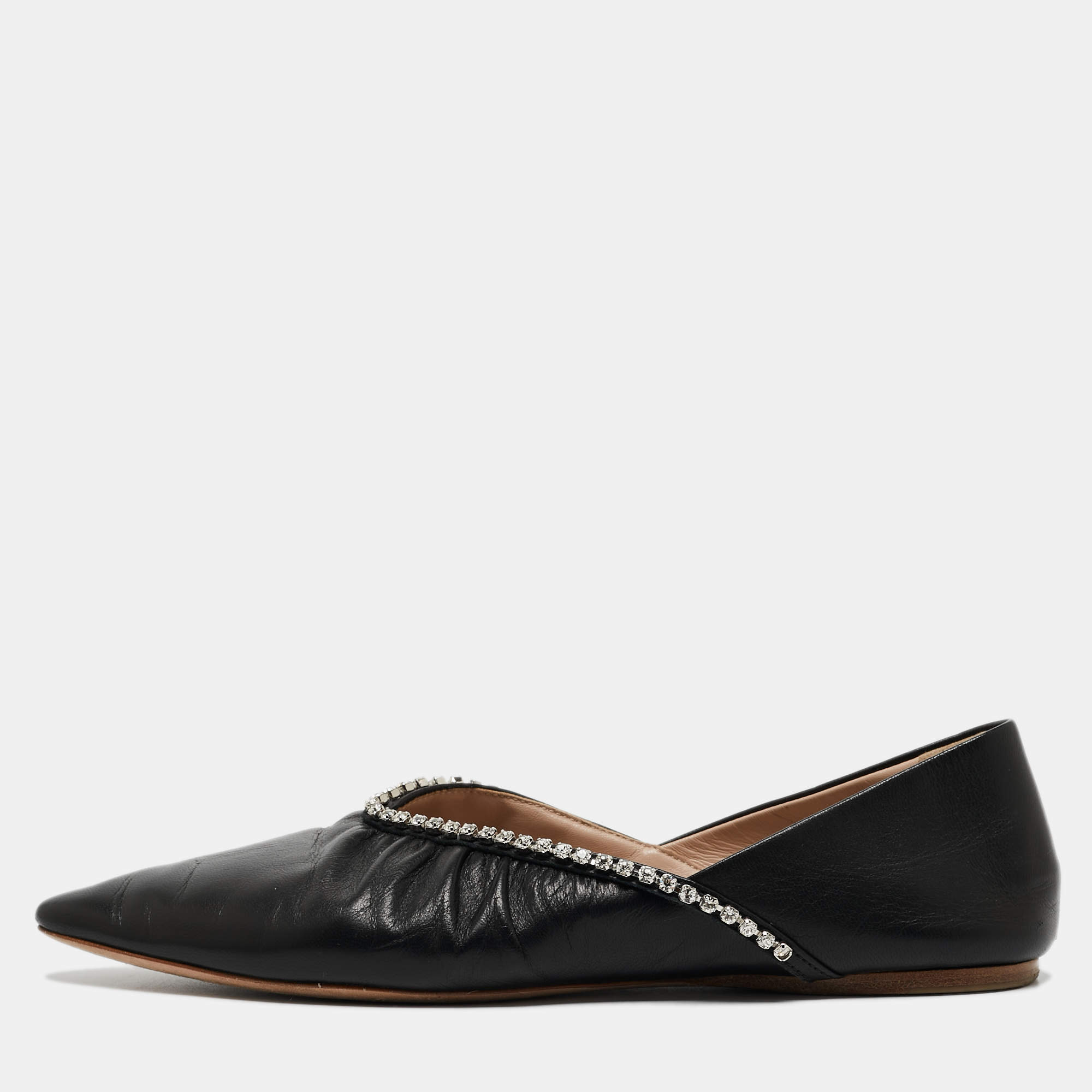 Miu Miu Black Leather Crystal Embellished Pointed Toe Ballet Flats Size 36