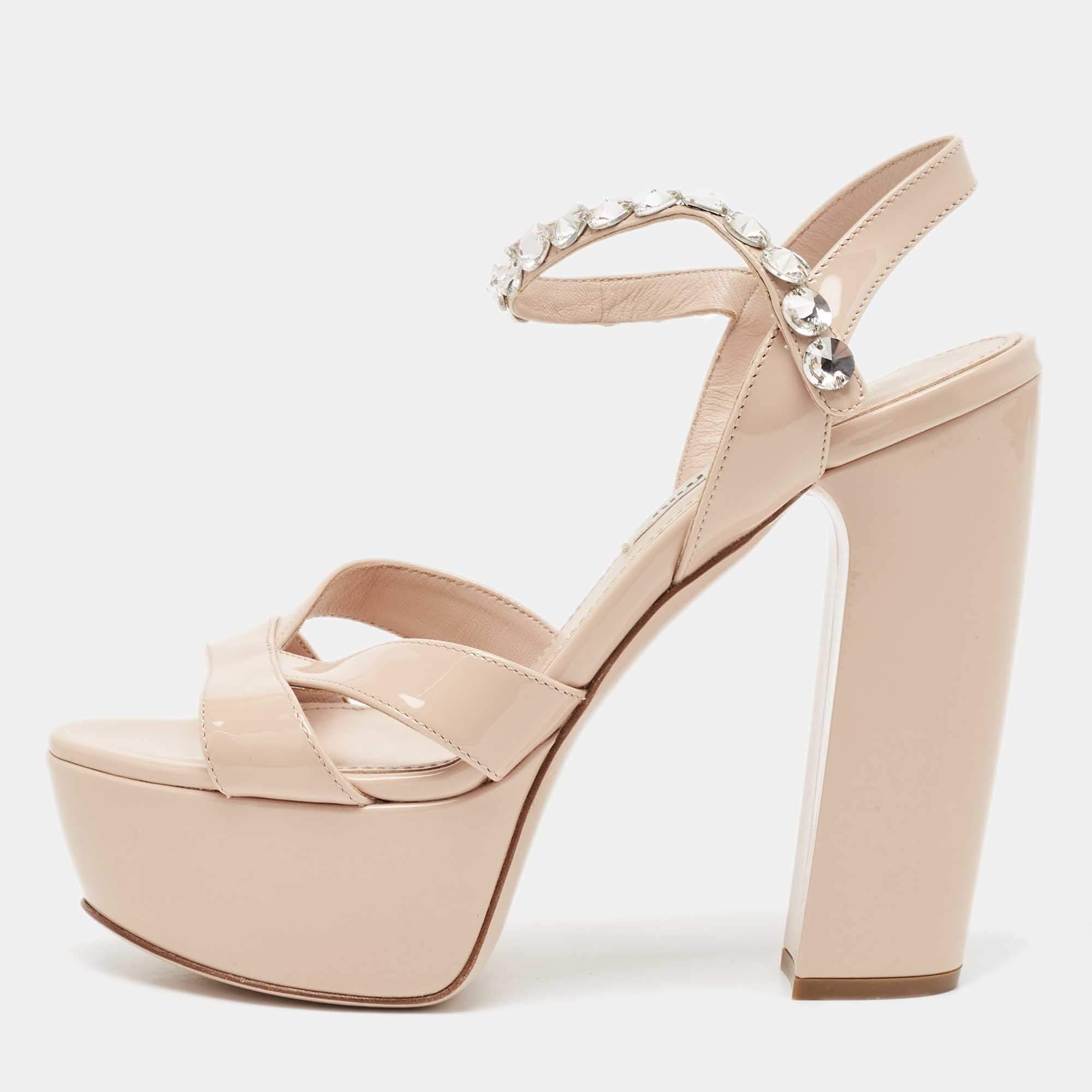 Pre Owned Miu Miu Beige Patent Leather Crystal Embellished Ankle Strap Sandals Size 35.5