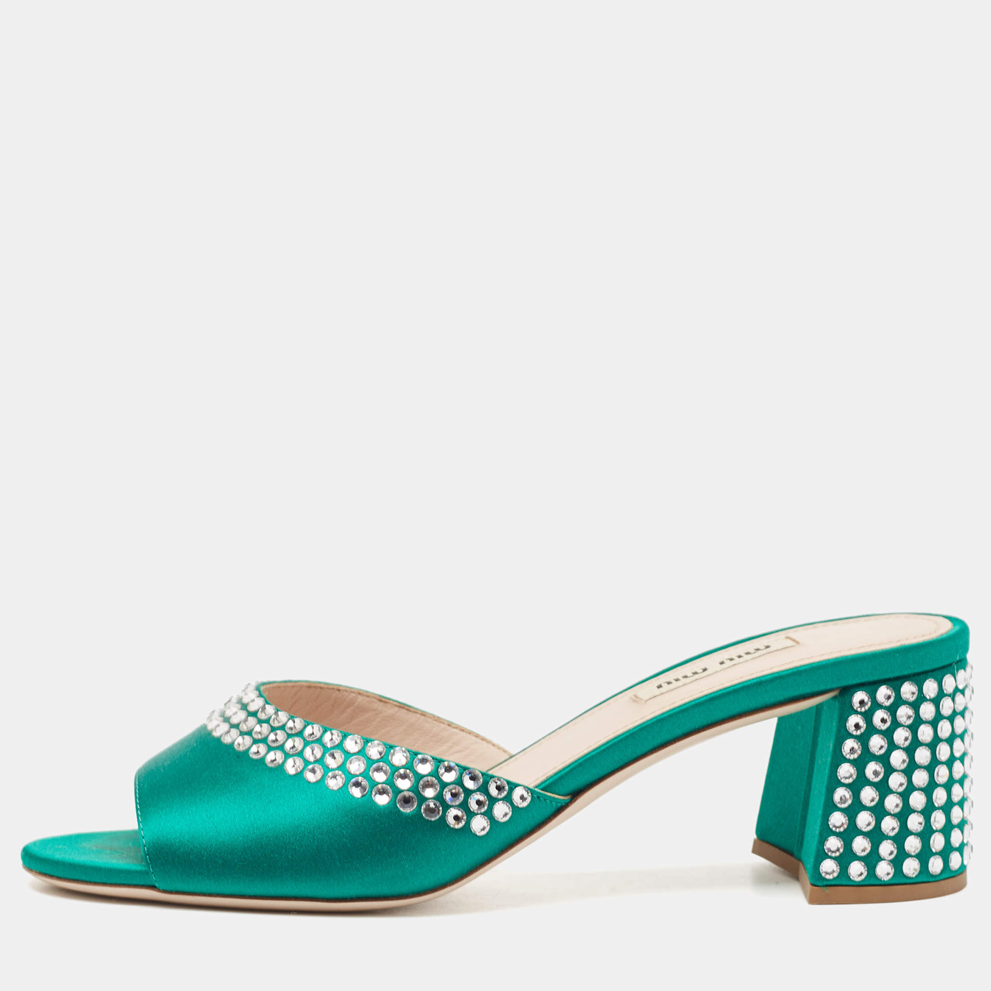 Miu Miu Green Satin Crystals Embellished Slide Sandals Size 38