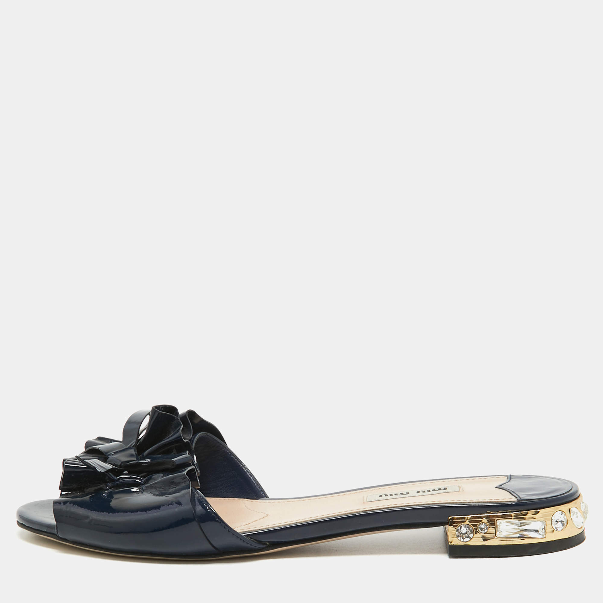 Pre Owned Miu Miu Navy Blue Patent Leather Flat Slides Size 39