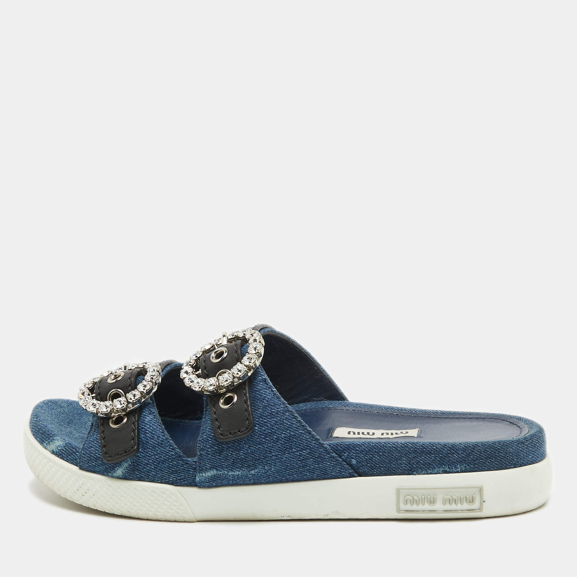 Miu Miu Navy Blue/Black Denim and Leather Crystal Embellished Flat Slides Size 37