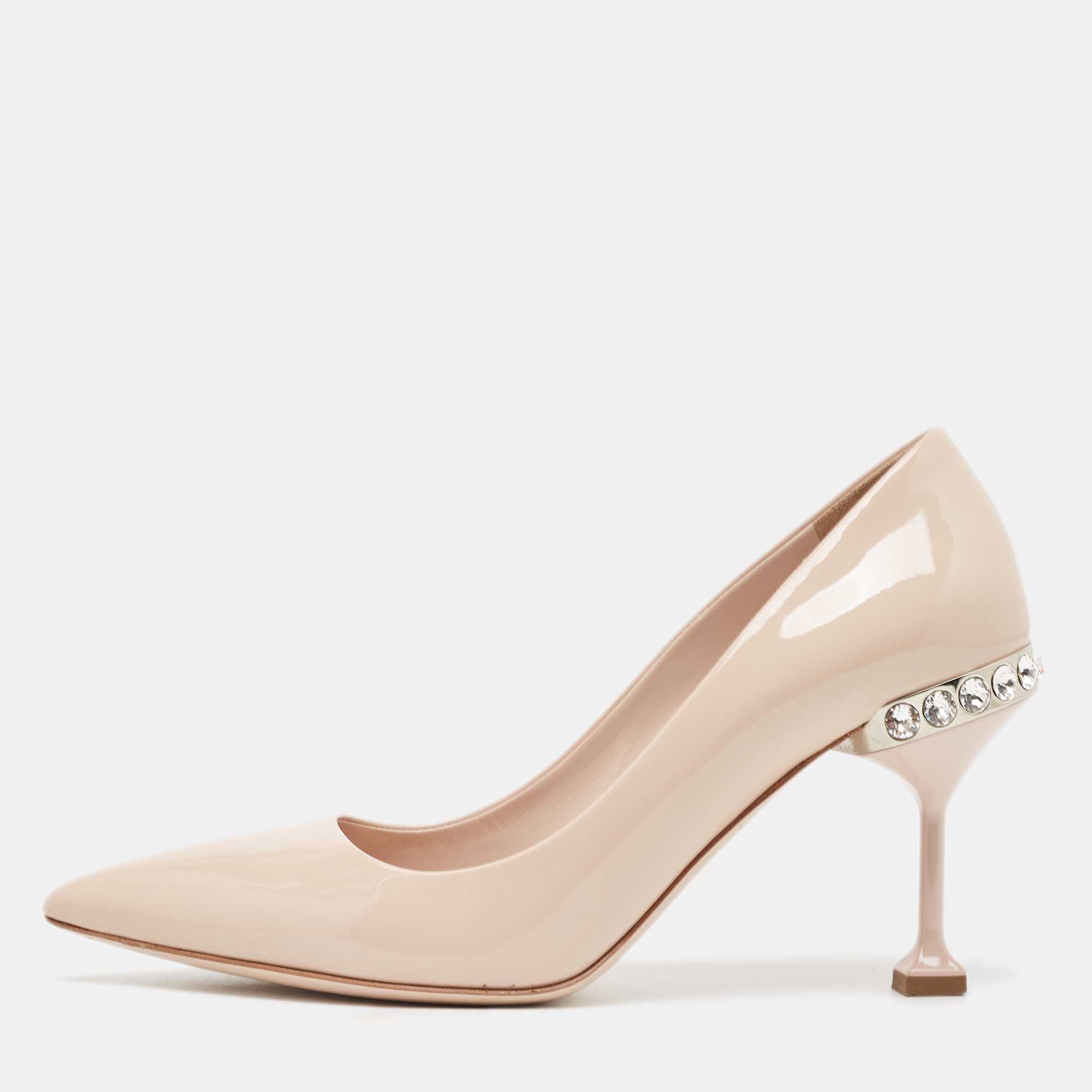 Miu Miu Beige Patent Leather Crystal Embellished Pointed Toe Pumps Size 37