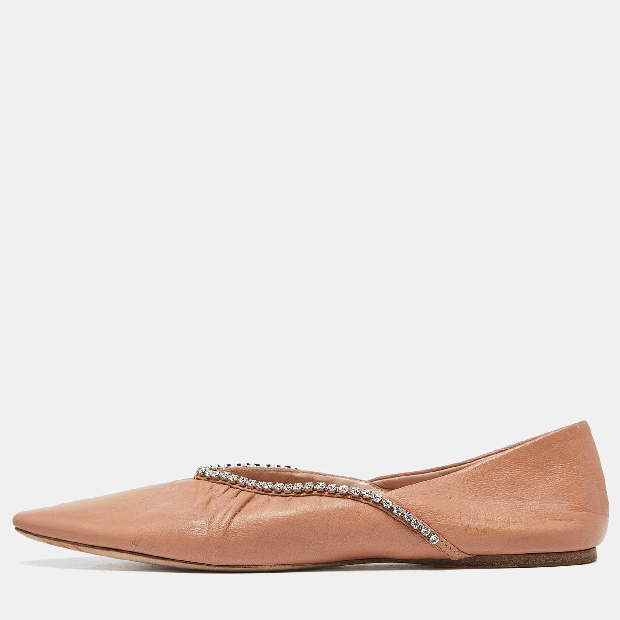 Miu Miu Beige Leather Crystal Embellished Smoking Slippers  Size 39