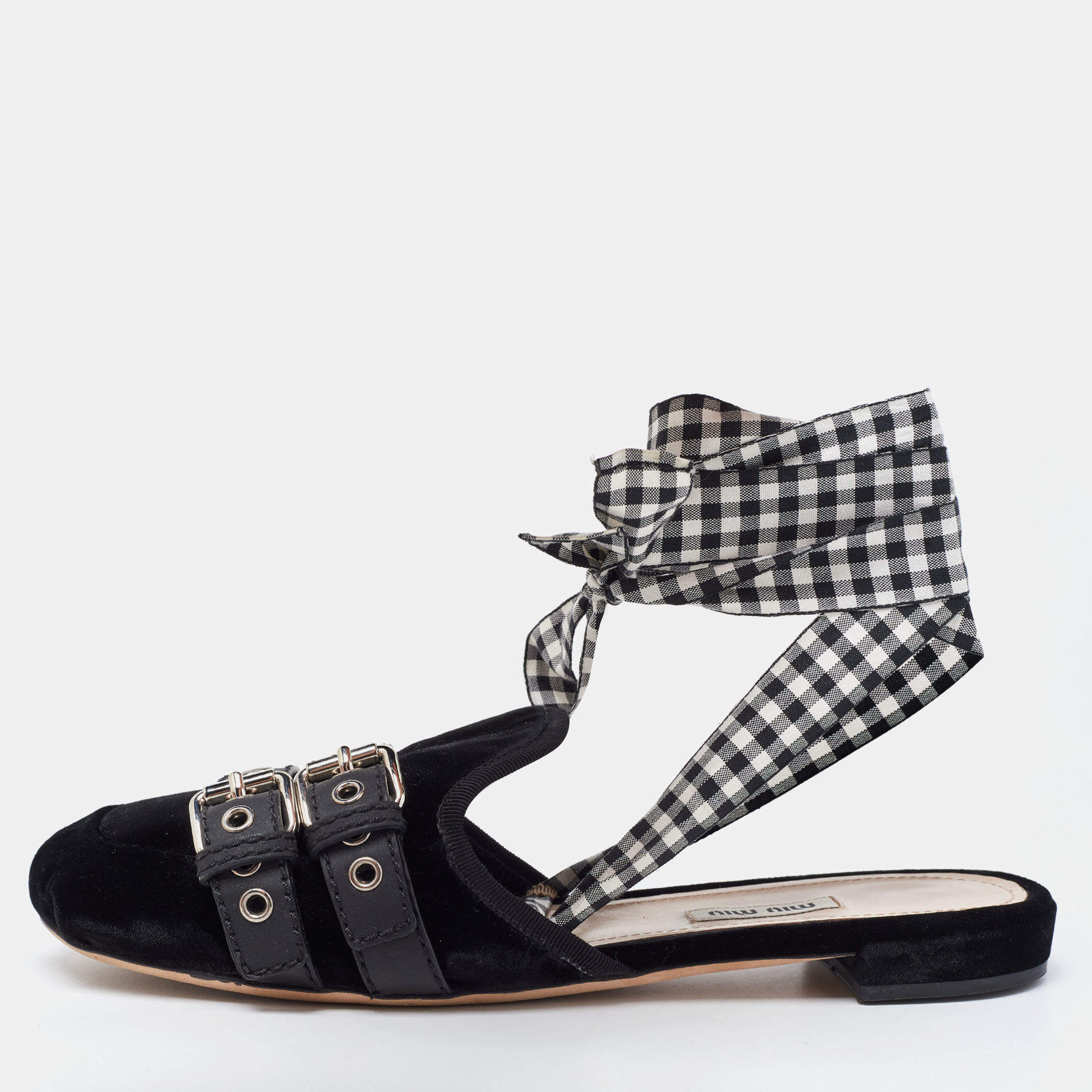 Miu Miu Black Velvet and Leather Strappy Flat Mules Size 42