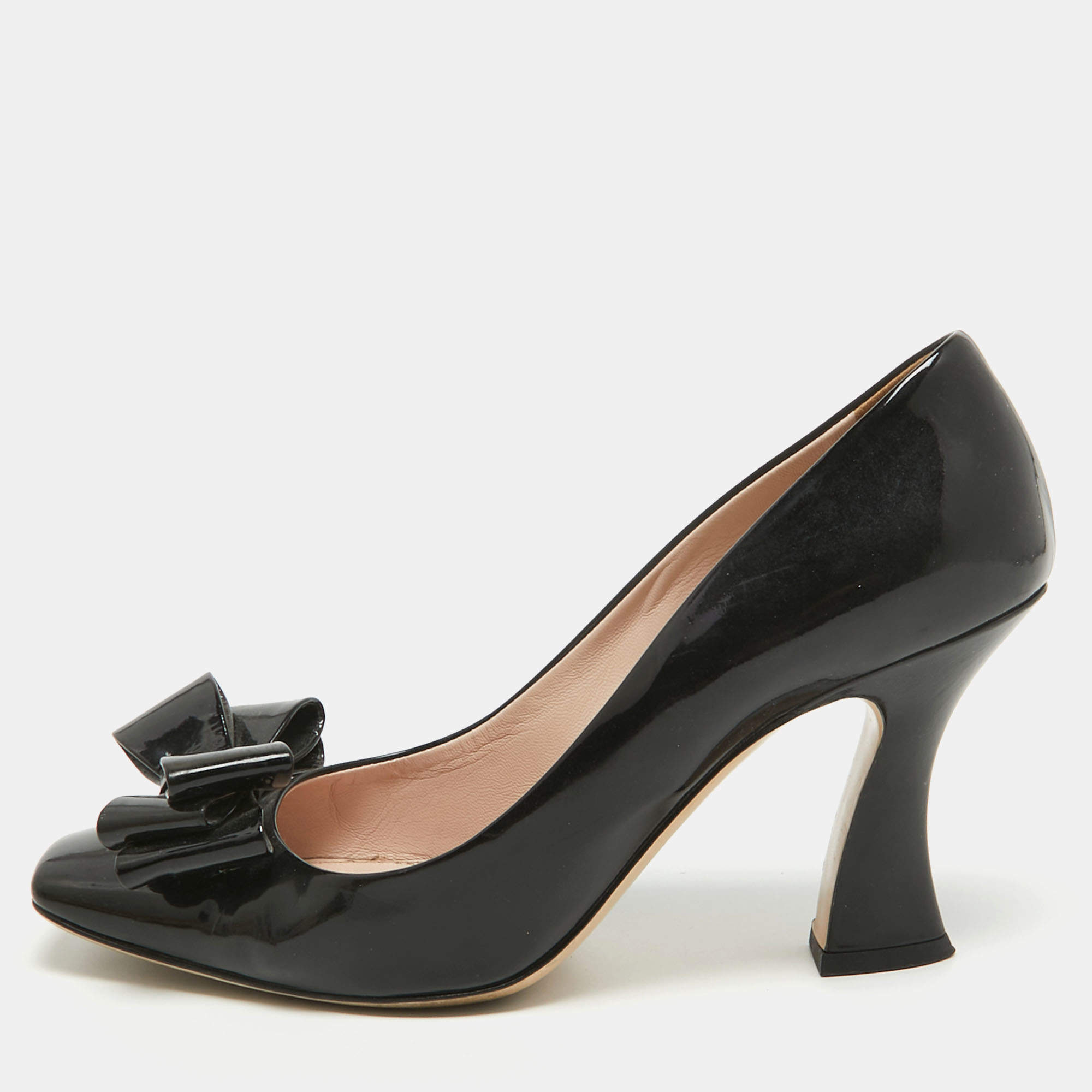 Miu Miu Black Patent Leather Bow Square Toe Pumps Size 39