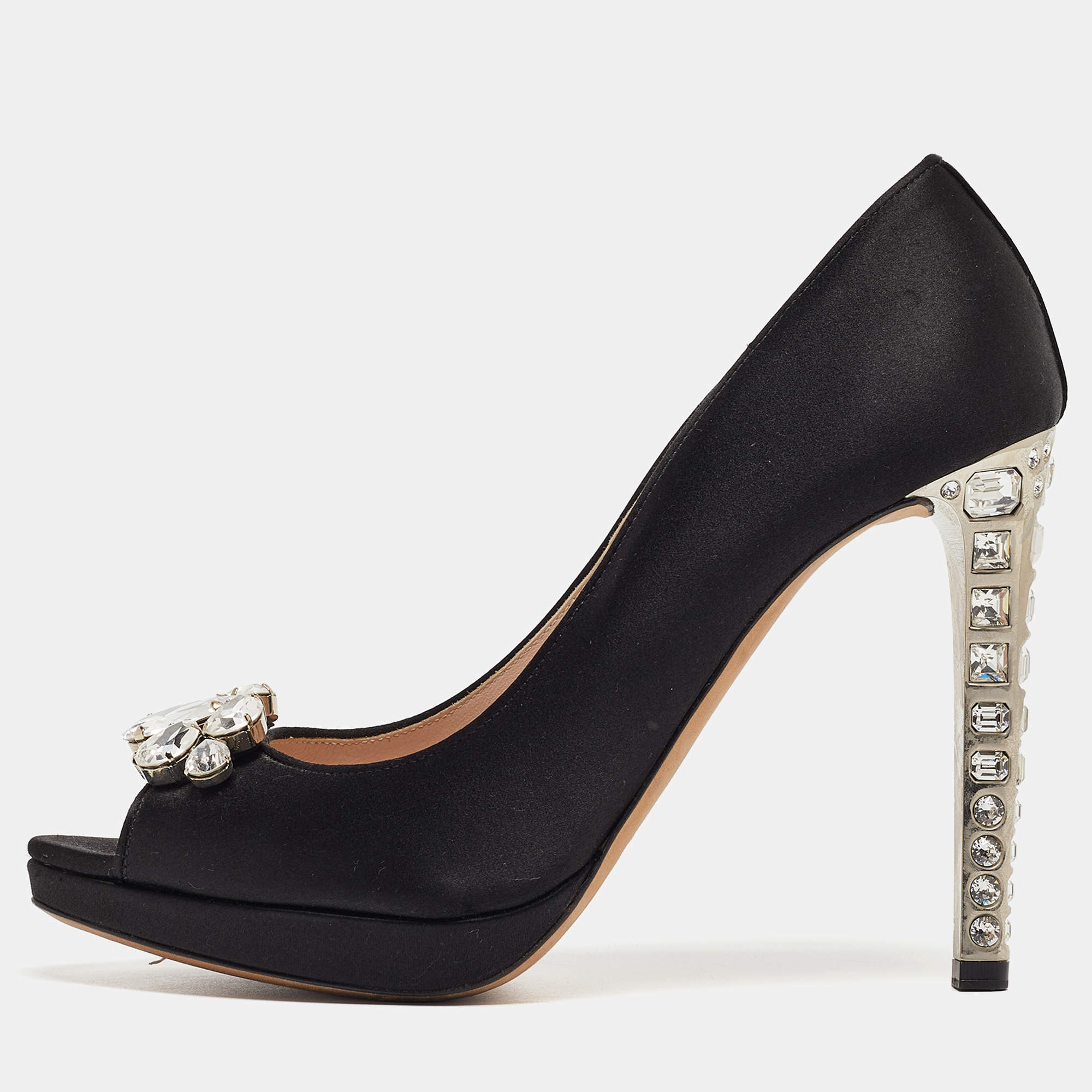 Miu Miu Black Satin Crystal Embellished Open Toe Pumps Size 40.5
