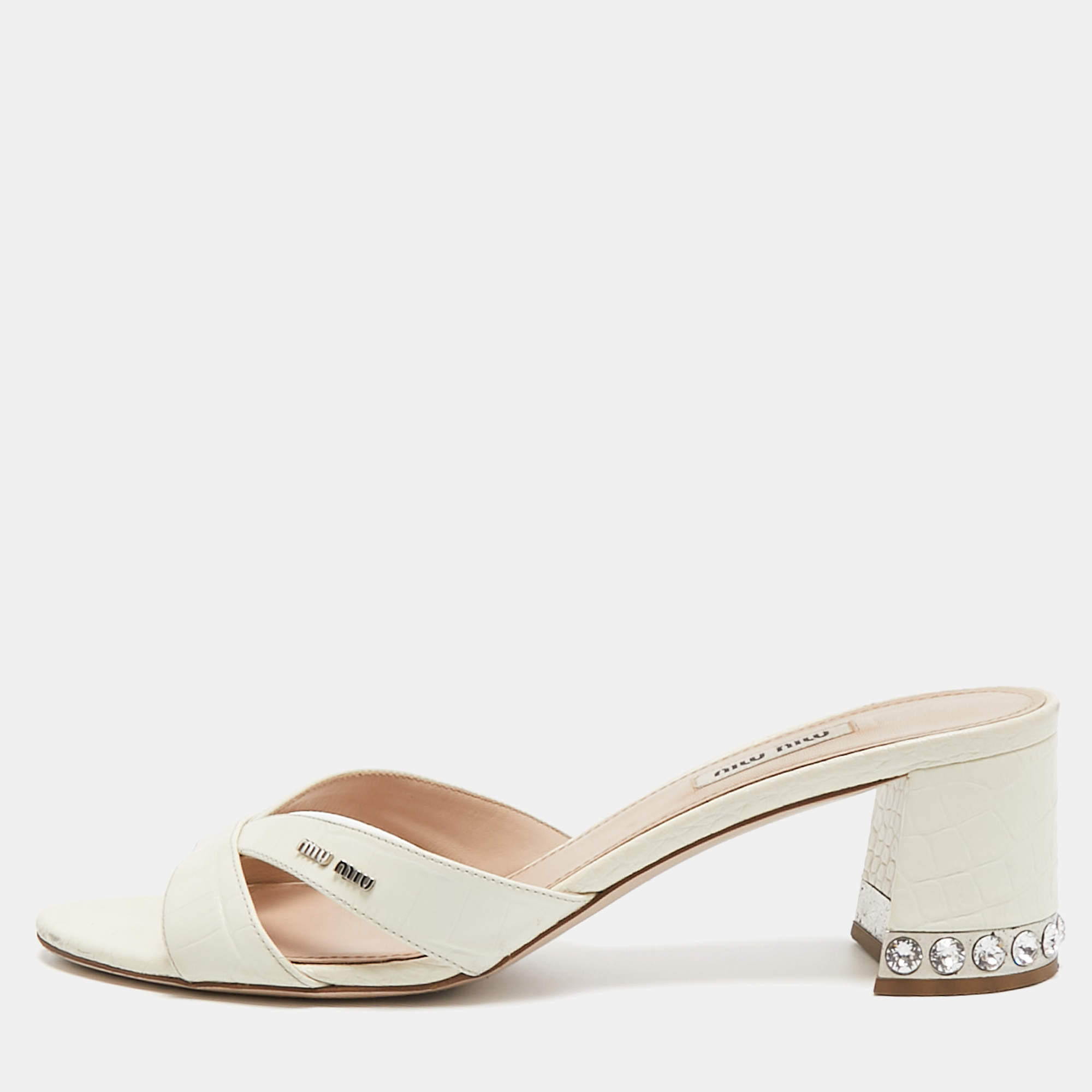 Miu Miu Off White Croc Embossed Leather Slide Sandals Size 41