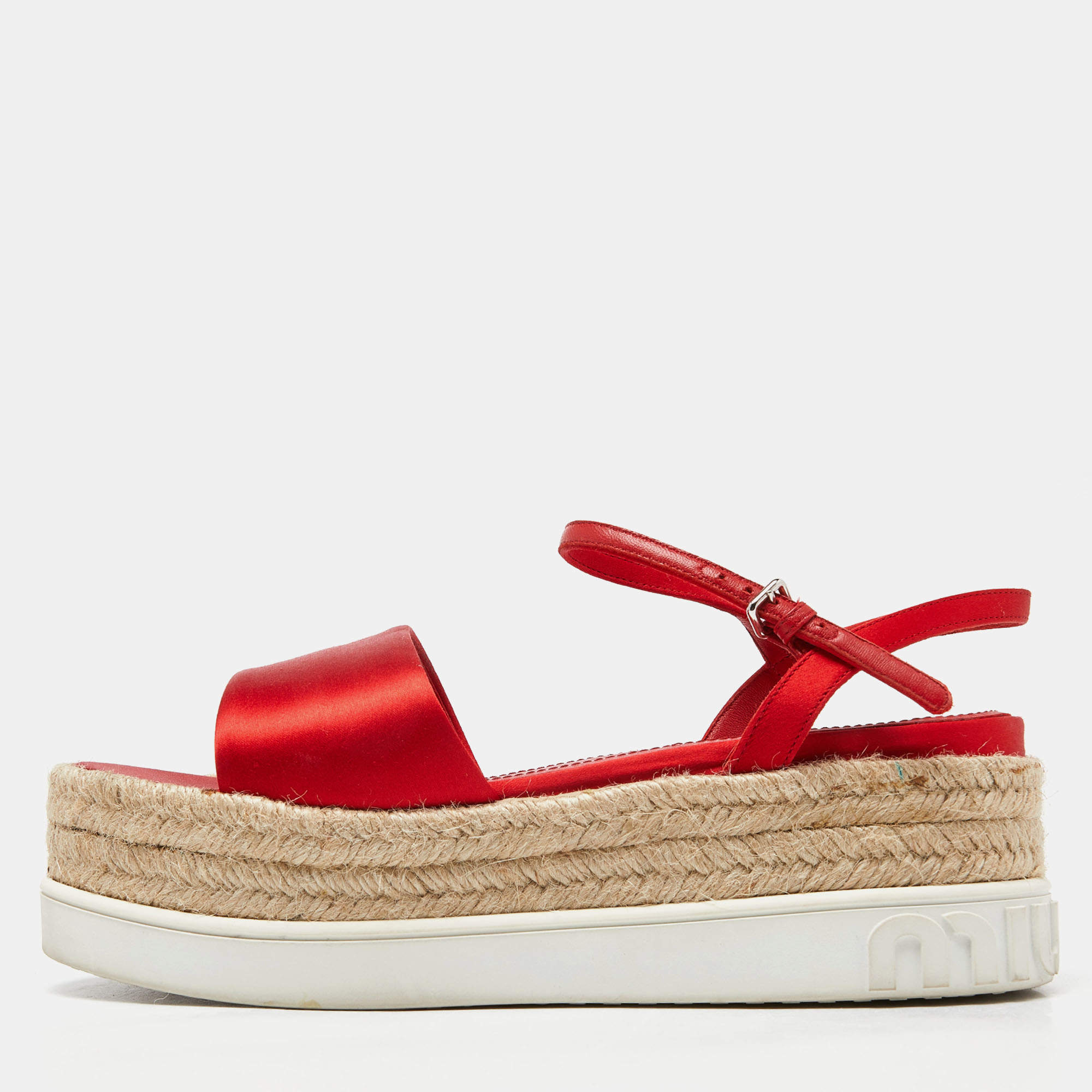 Miu Miu Red Satin Espadrille Ankle Strap Platform Sandals Size 38