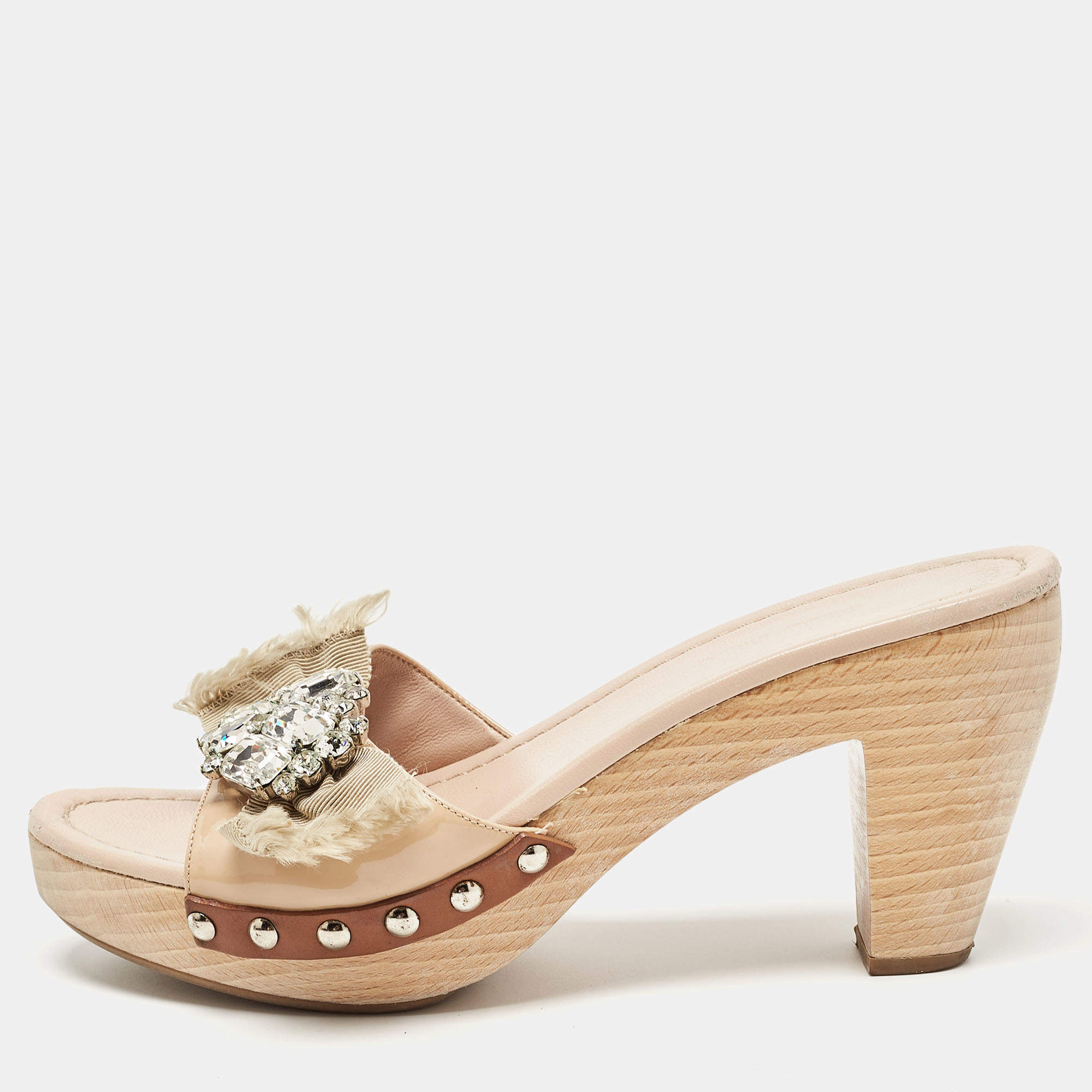 Miu Miu Beige Patent Leather Crystal Embellished Clogs Size 38