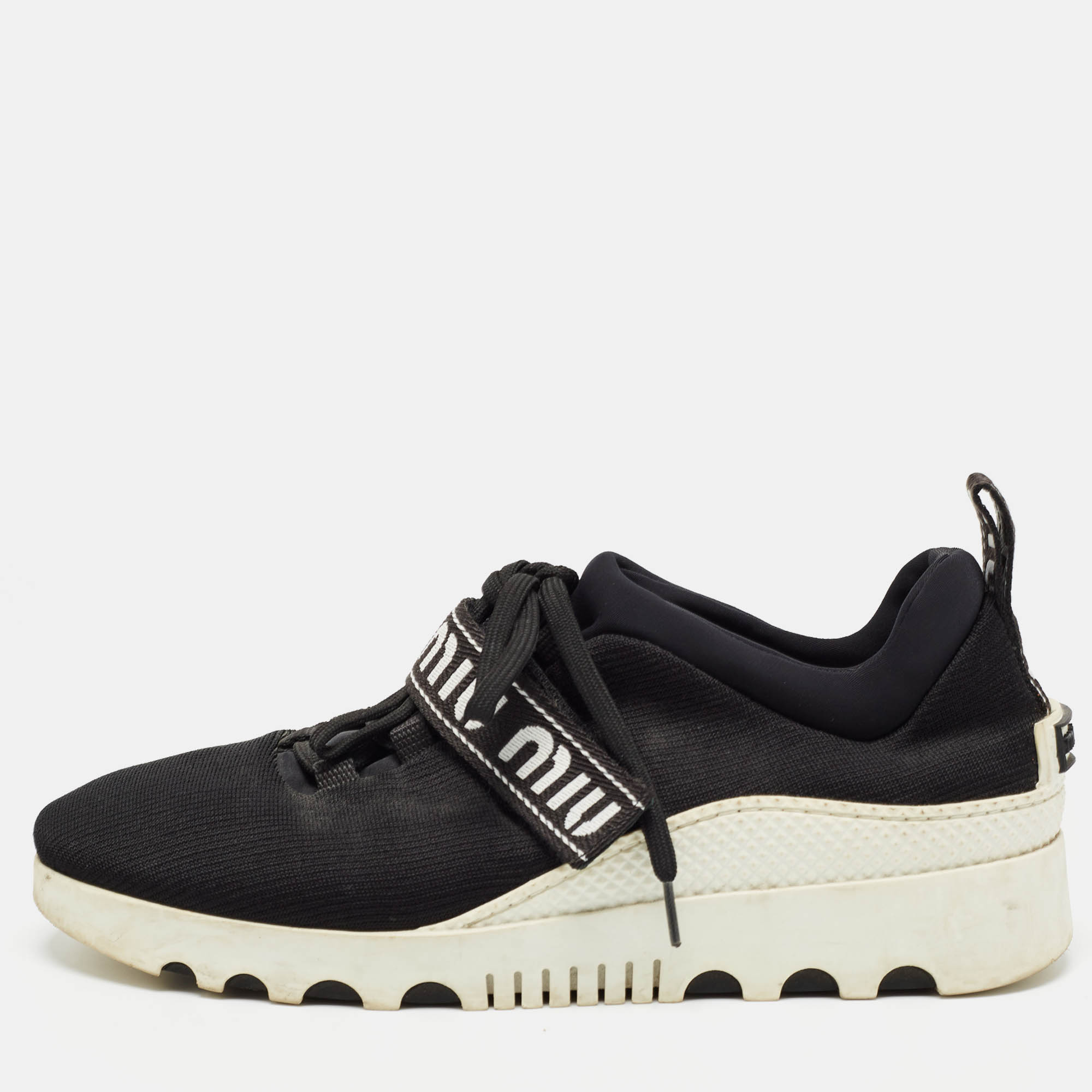 Miu Miu Black Knit Fabric Lace Up Sneakers Size 38