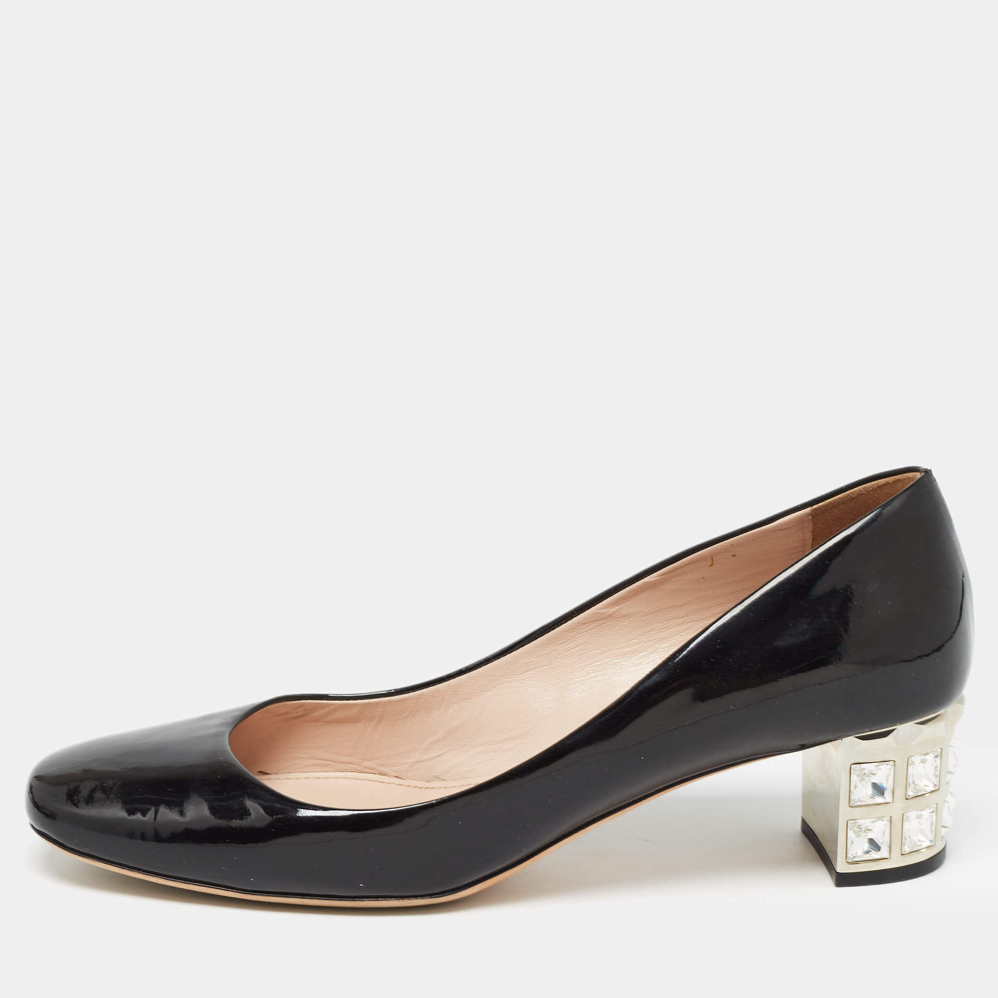 Miu Miu Black Patent Leather Crystal Embellished Block Heel Pumps Size 40