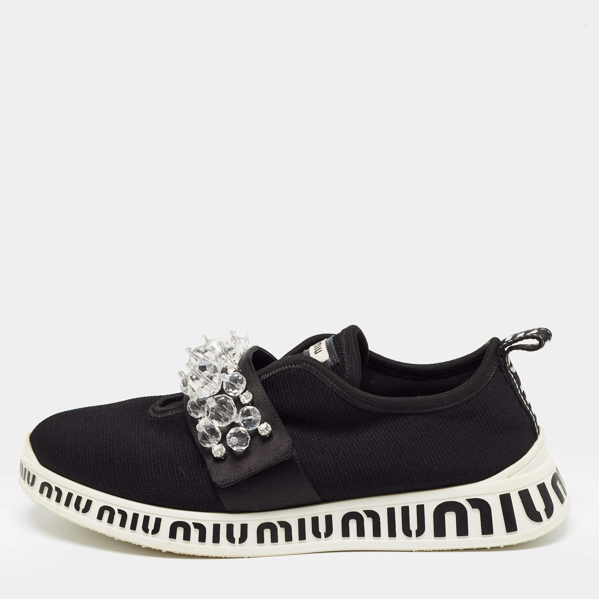 Miu Miu Black Fabric and Satin Crystal Embellished Slip On Sneakers Size 38.5