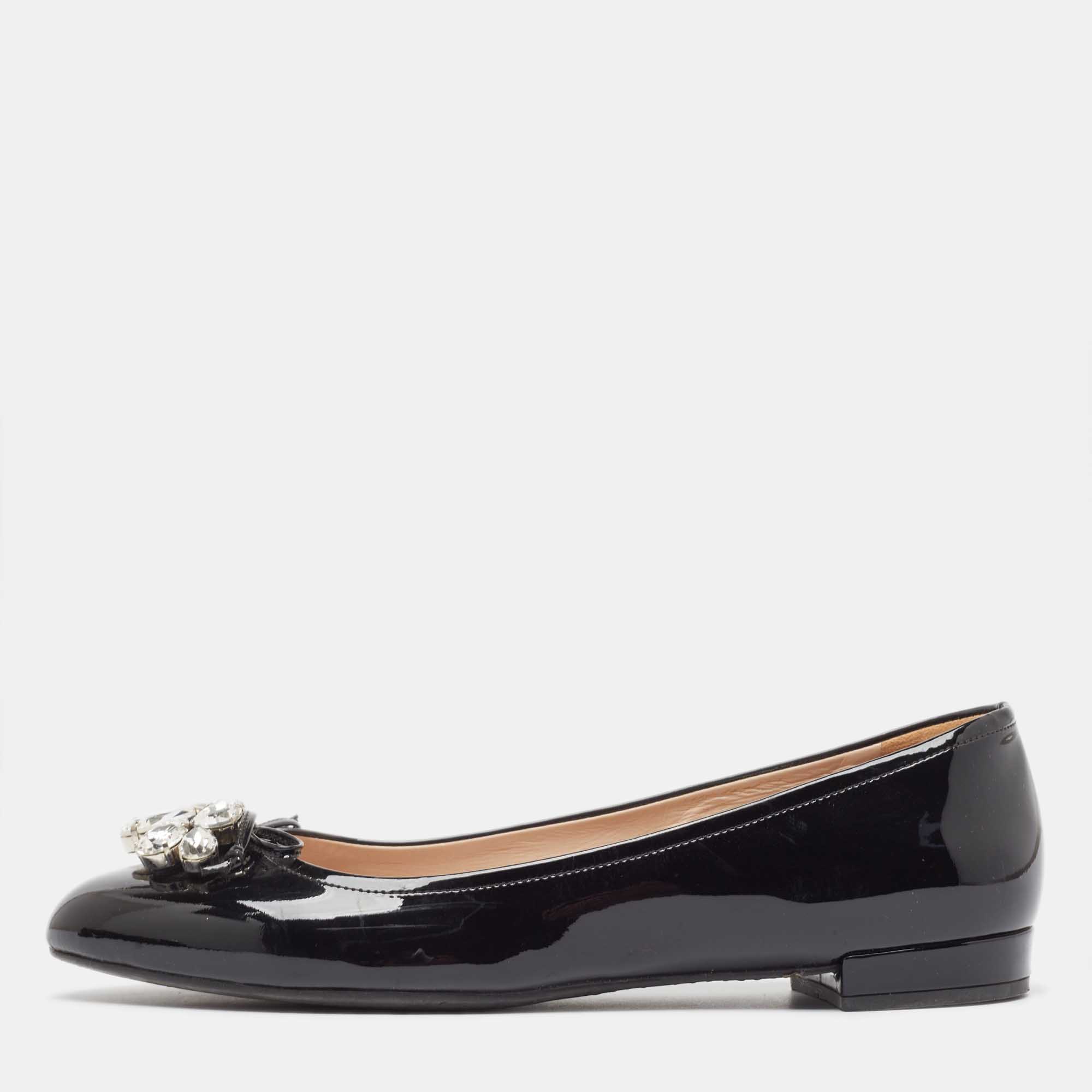 Miu Miu Black Patent Leather Crystal Embellished Ballet Flats Size 39