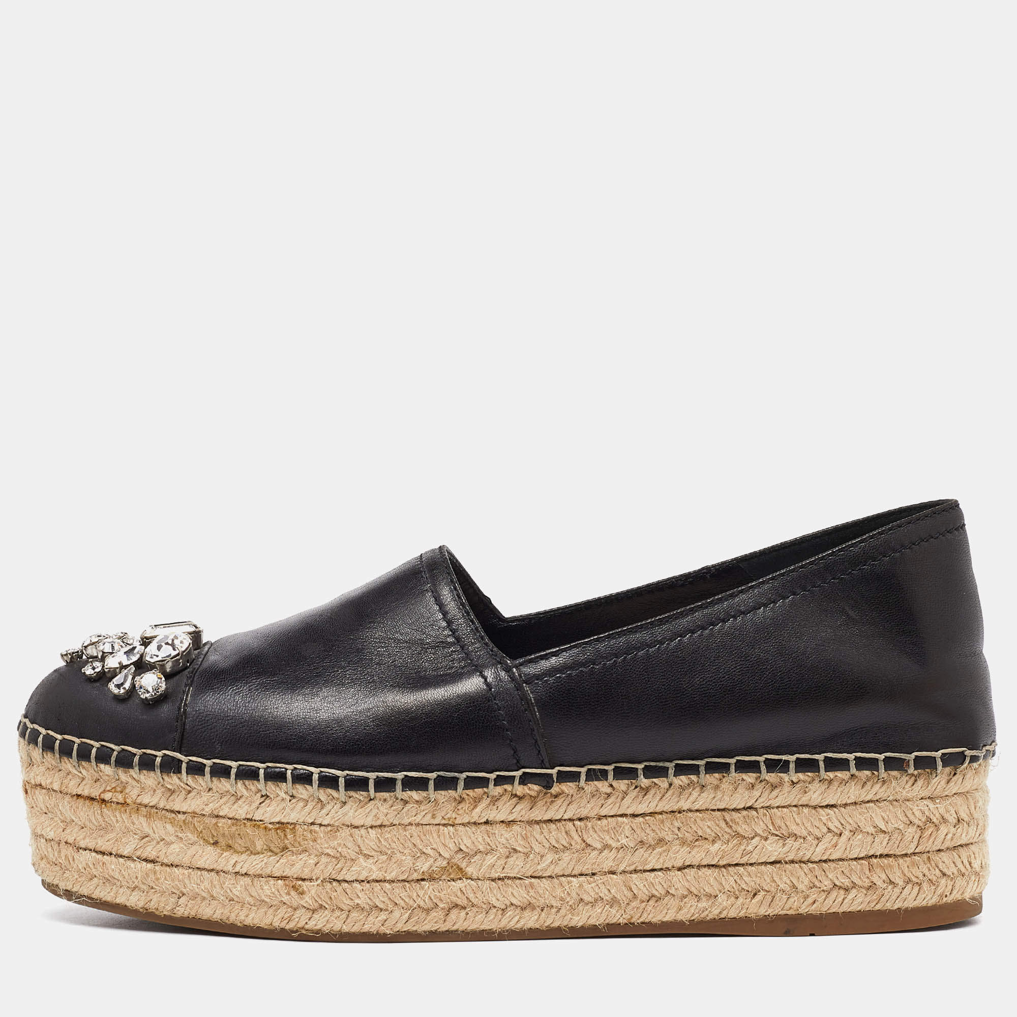 Miu Miu Black Leather Crystal Embelished Platform Espadrilles Flats Size 40