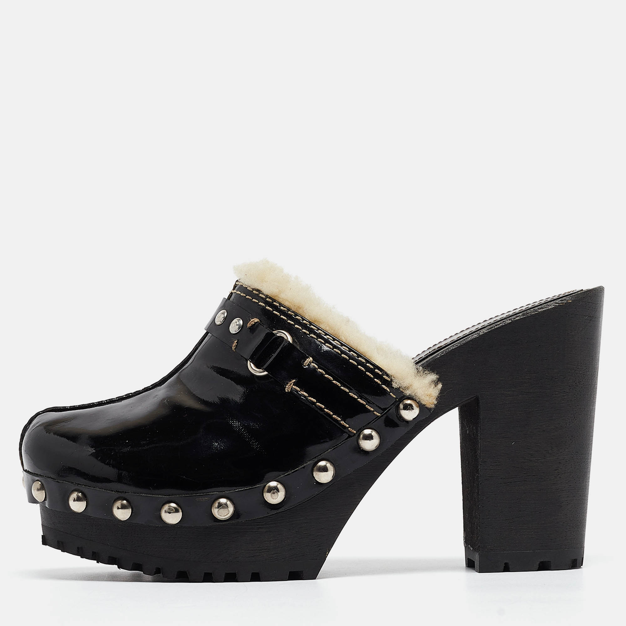 Miu Miu Black Patent Leather Wooden Platform Mules Size 38.5