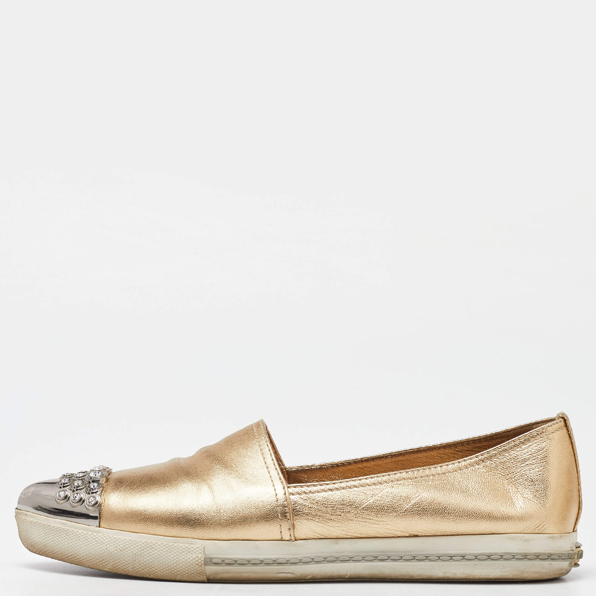 Miu Miu Gold Foil Leather Crystal Embellished Slip On Sneakers Size 41