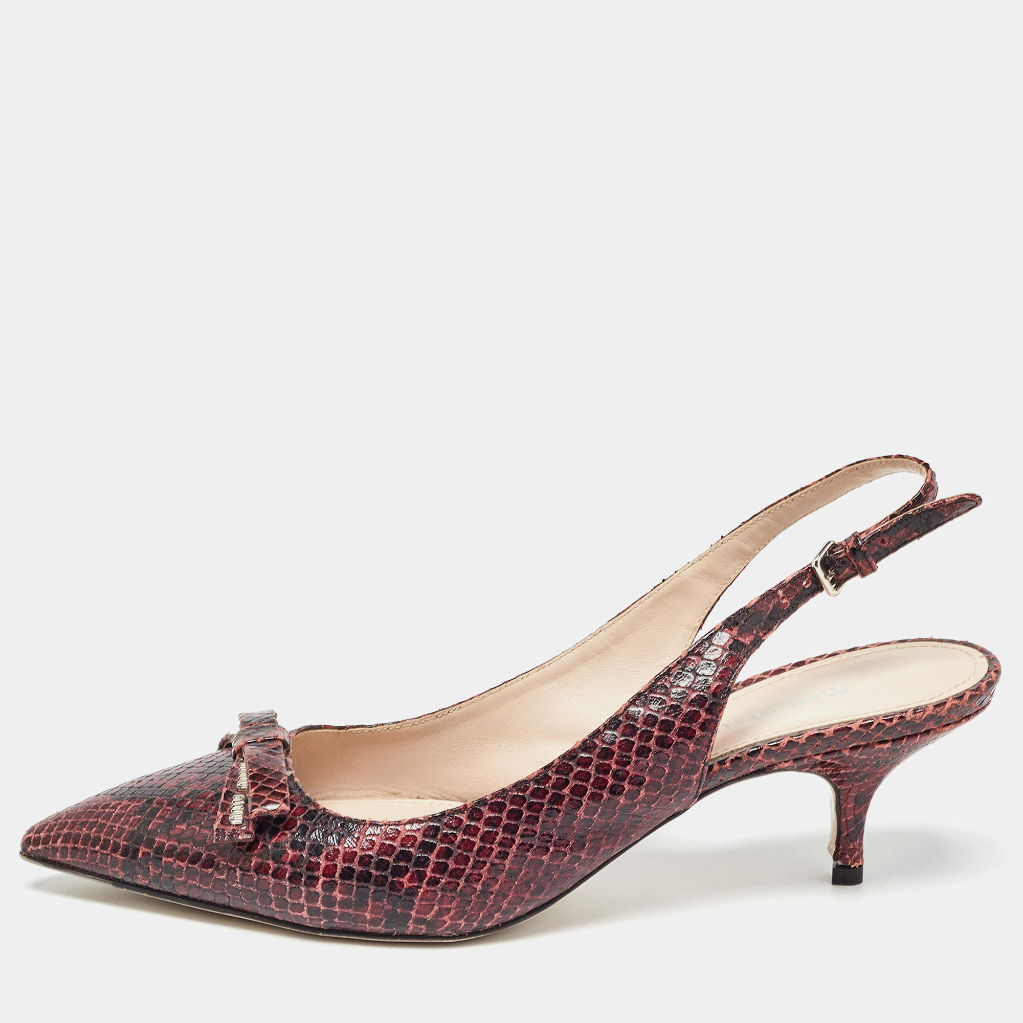 Miu Miu Burgundy Python  Embossed Leather Slingback Pumps Size 38