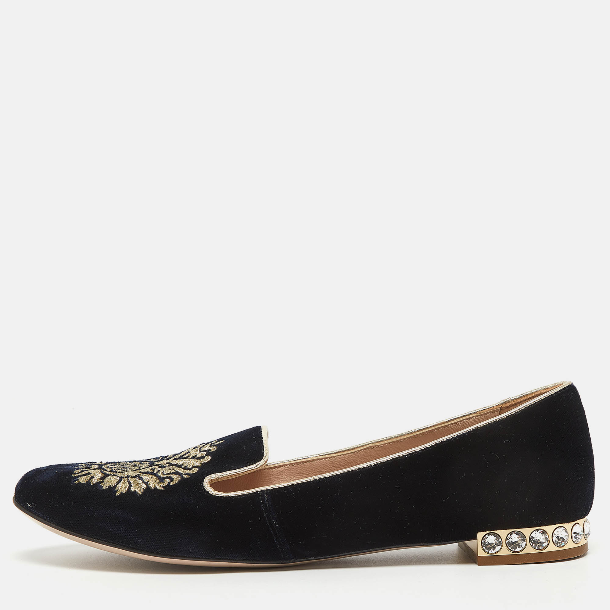 Miu Miu Navy Blue Velvet Embroidered Crystal Embellished Smoking Slippers  Size 36.5