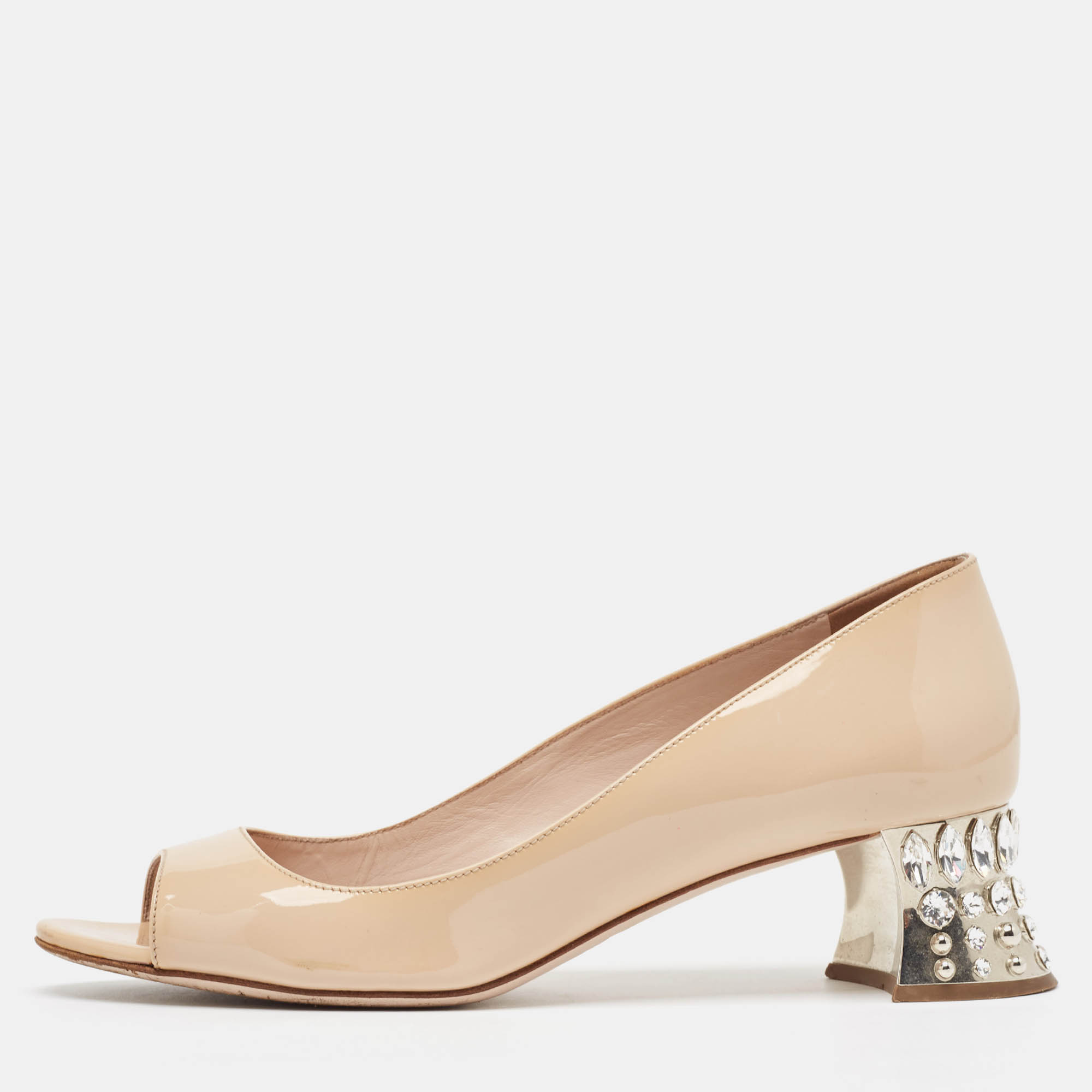 Miu Miu Beige Patent Leather Crystal Embellished Block Heel Peep Toe Pumps Size 37