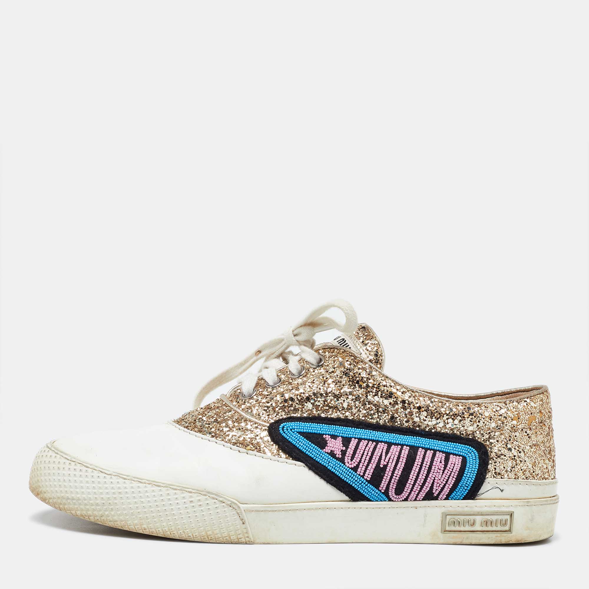 スニーカー MIU MIU Women Sneakers MIU MIU Pink And White Glitter Platform Sneakers With Logo