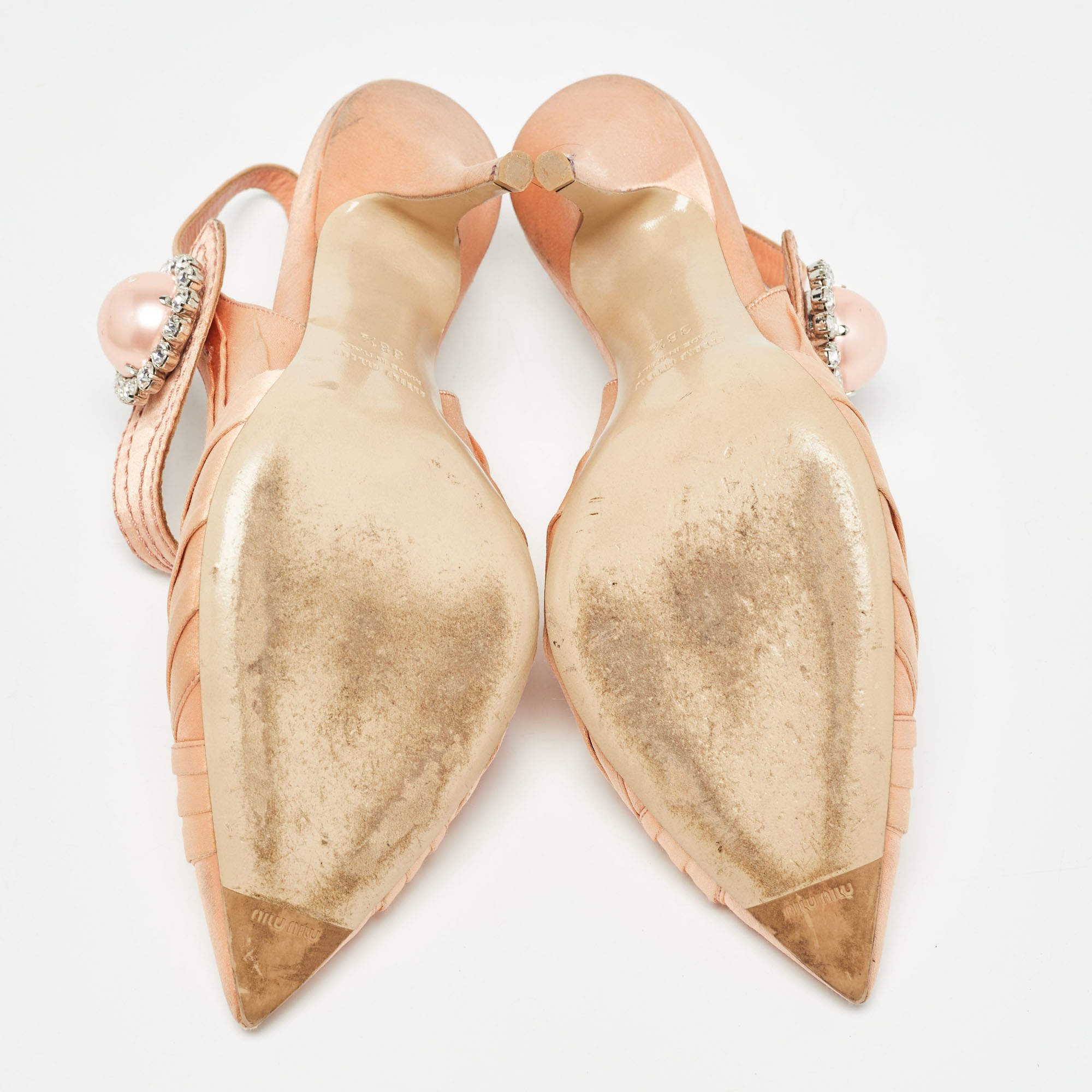 Pre Owned Miu Miu Orange Satin Crystal Embellished Slingback Pumps Size 38.5