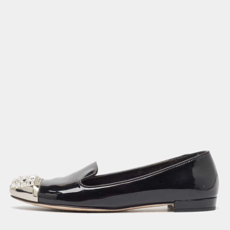 Pre Owned Miu Miu Black  Patent Leather Crystal Embellished Smoking Slippers Size 36