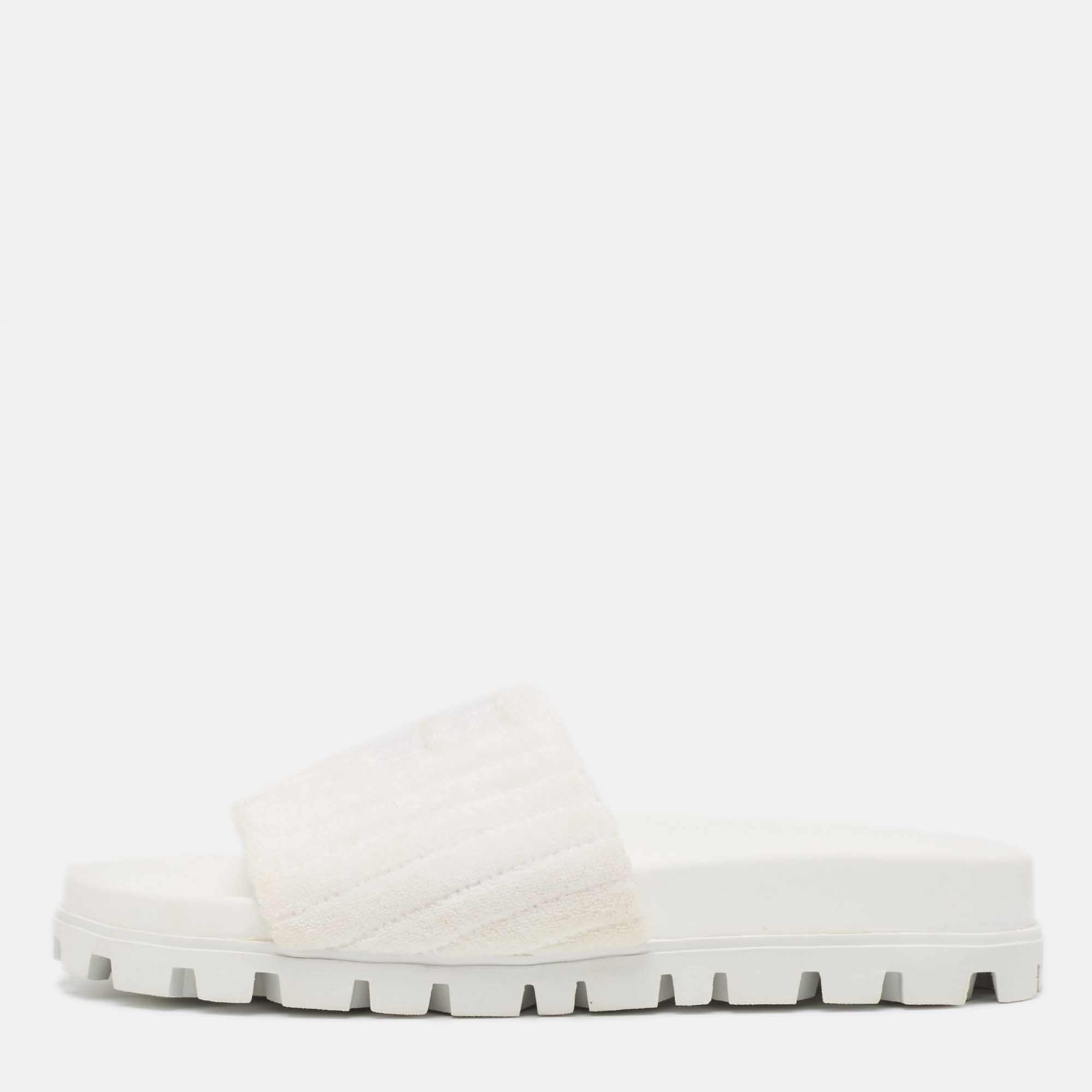 Miu Miu White Terry Fabric Logo Embroidered Slides Size 36
