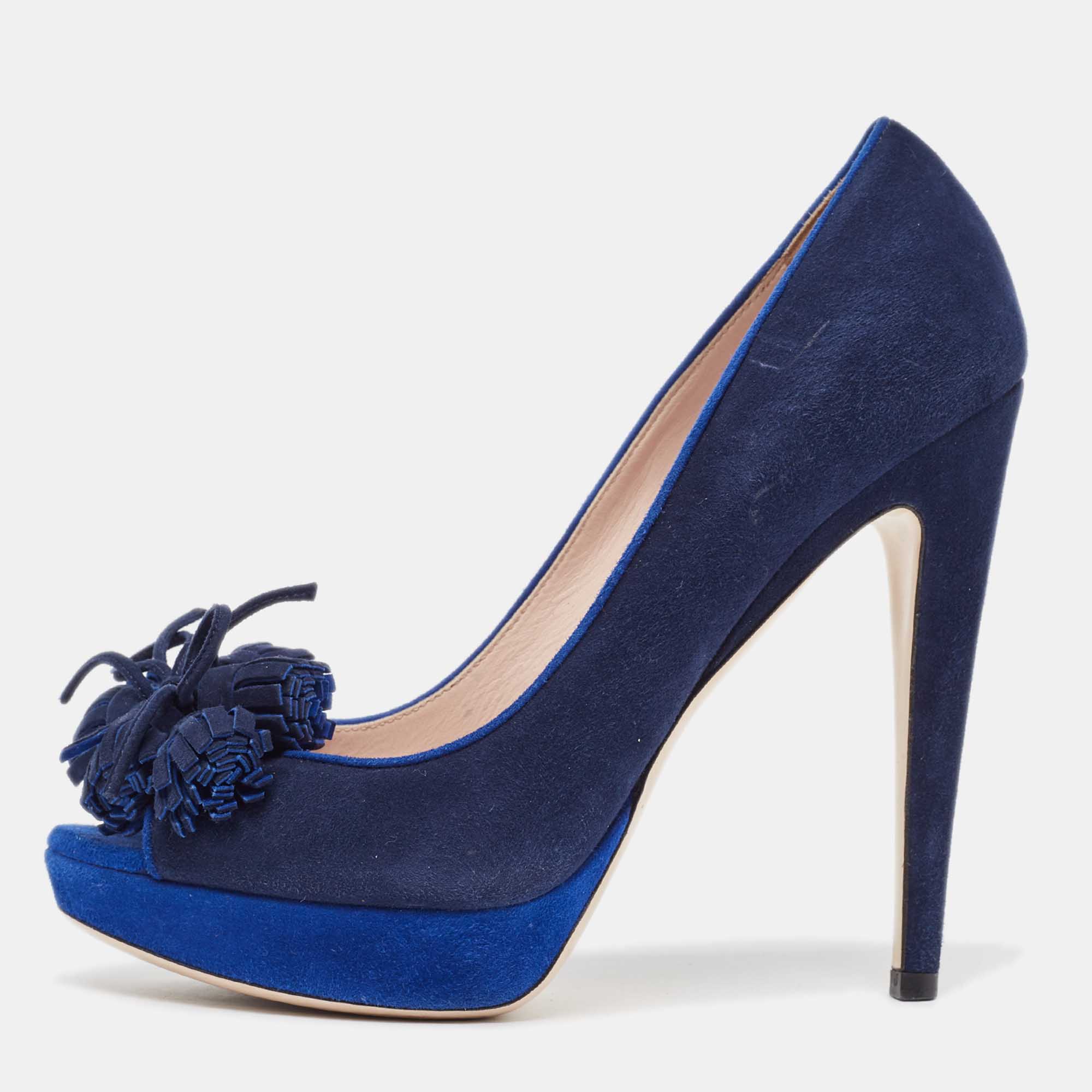 Miu Miu Blue Suede Peep Toe Platform Pumps Size 37.5