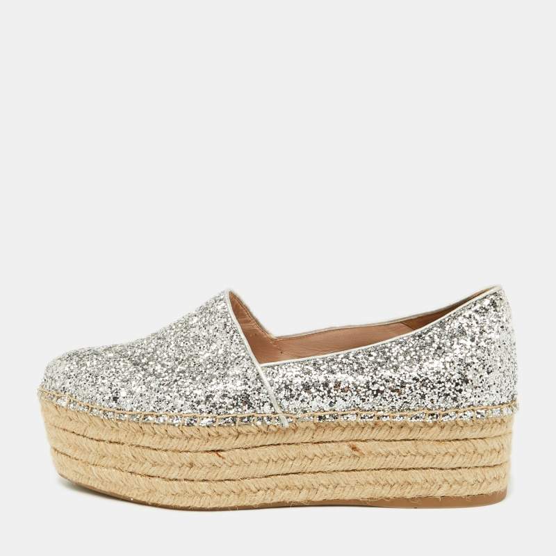 Miu Miu Silver Coarse Glitter Espadrille Platform Loafers Size 37.5