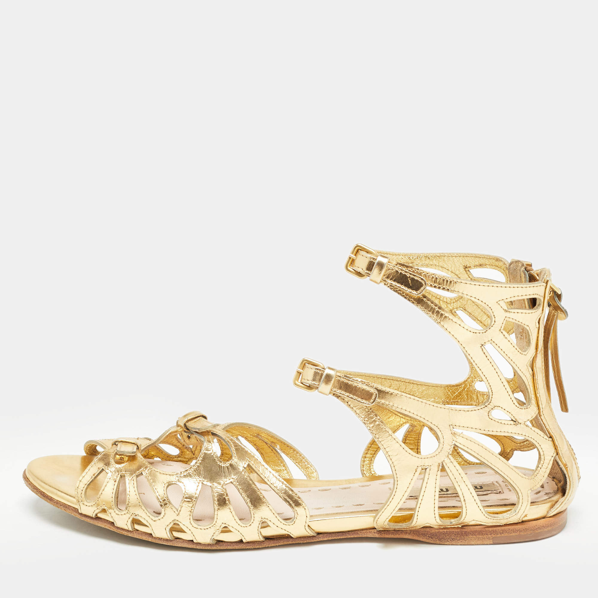 Pre Owned Miu Miu Gold Cut Out Leather Flat Sandals Size 36