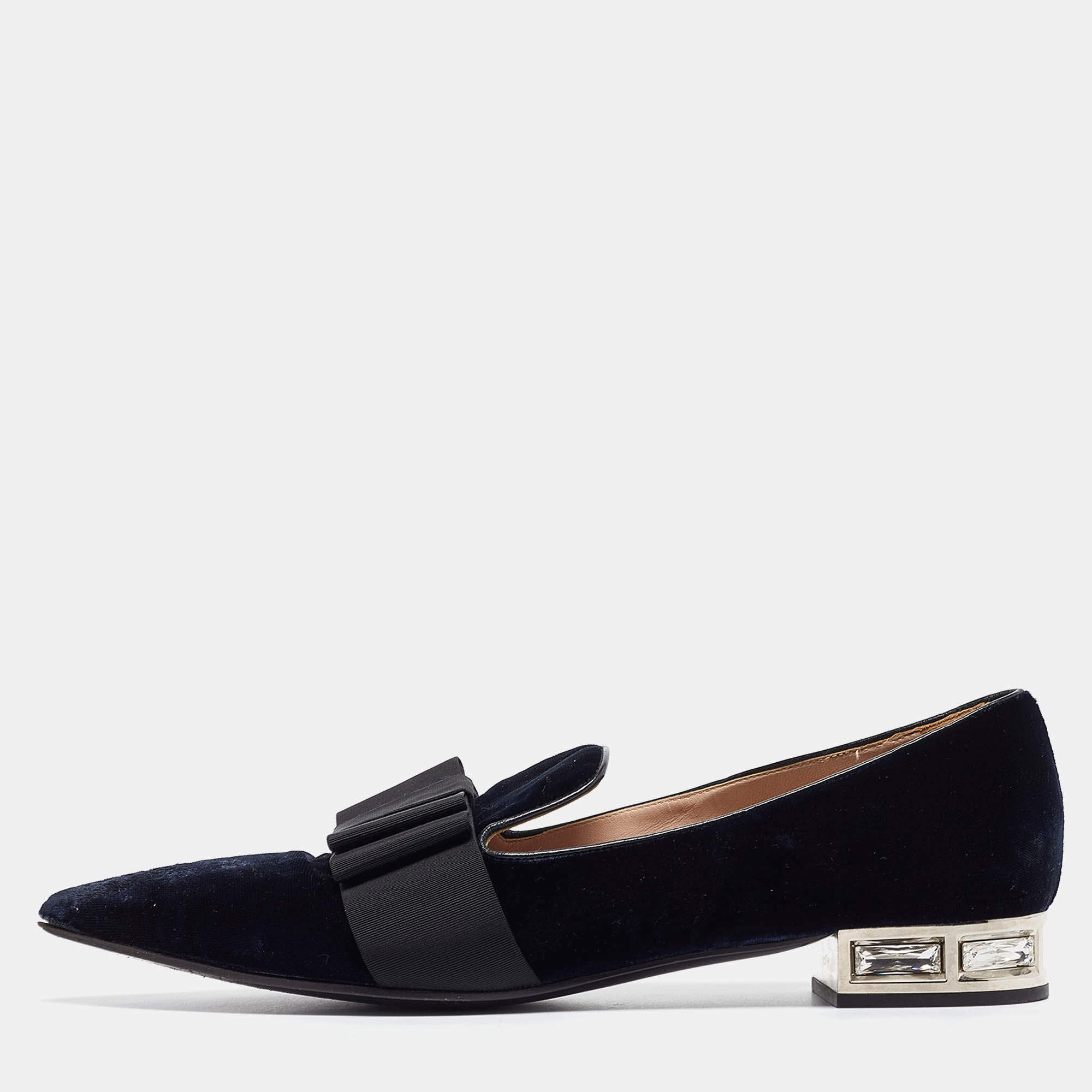 Miu Miu Navy Blue/Black Velvet and Canvas Bow Crystal Embellished Loafers Size 40