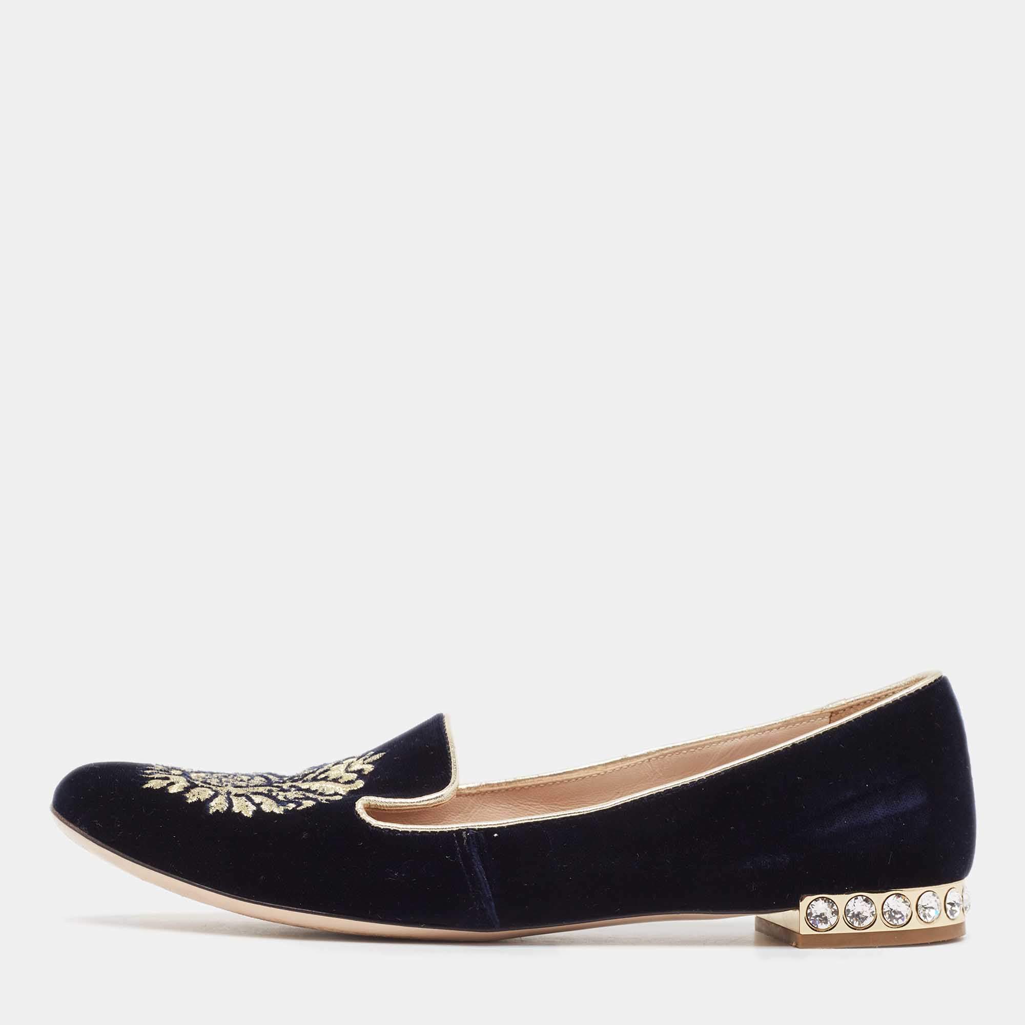 Miu Miu Navy Blue Velvet Embroidered Crystal Embellished Smoking Slippers Size 38