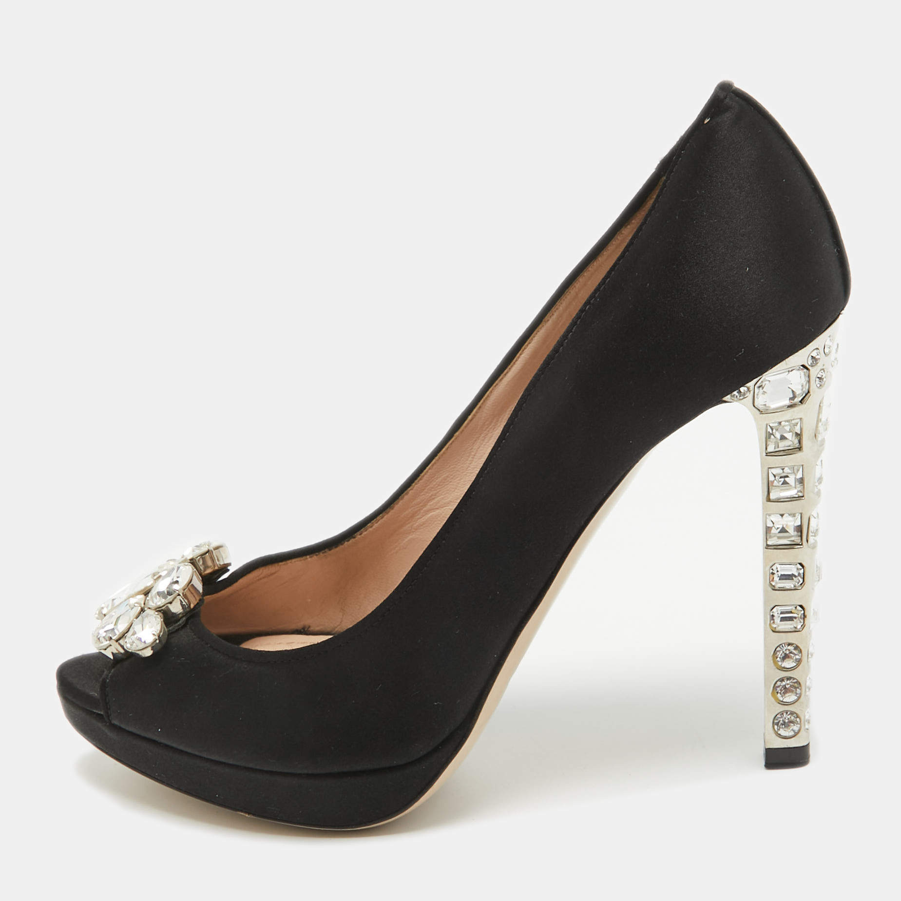 Miu Miu Black Satin Crystal Embellished Peep Toe Platform Pumps Size 37.5