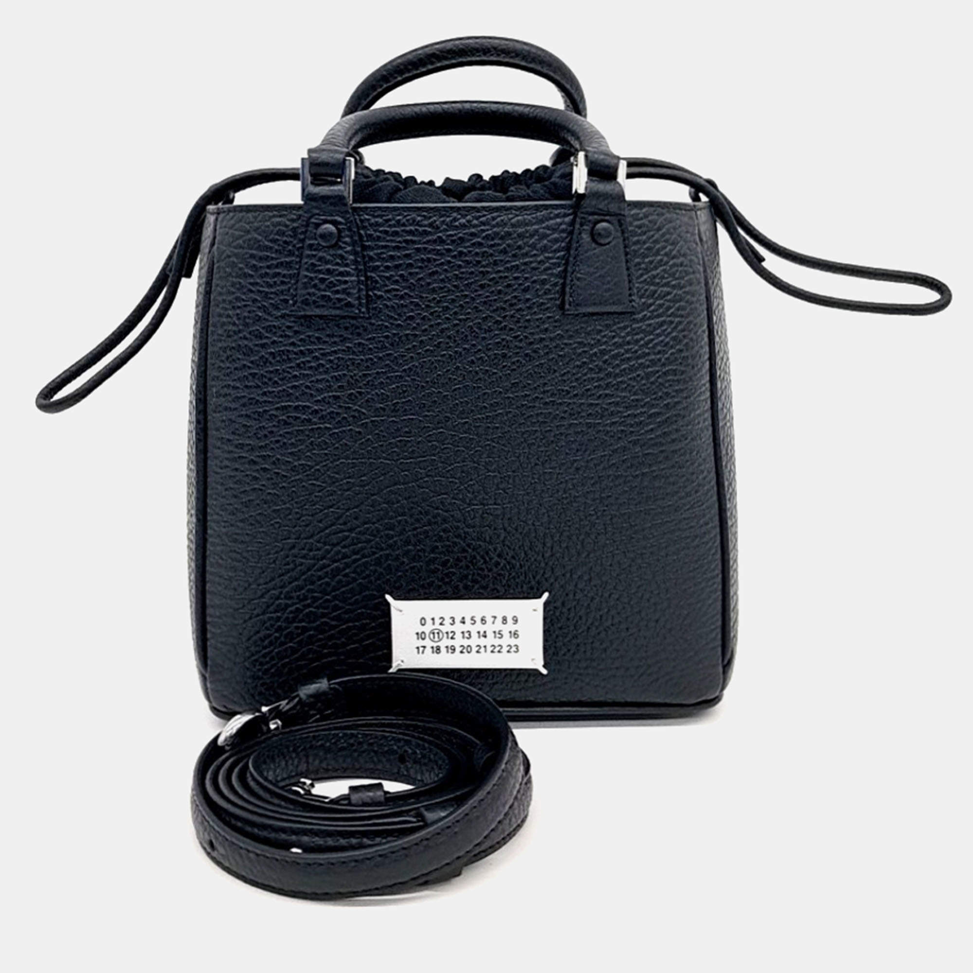 MM6 Maison Margiela Black Leather Vertical Tote and Shoulder Bag
