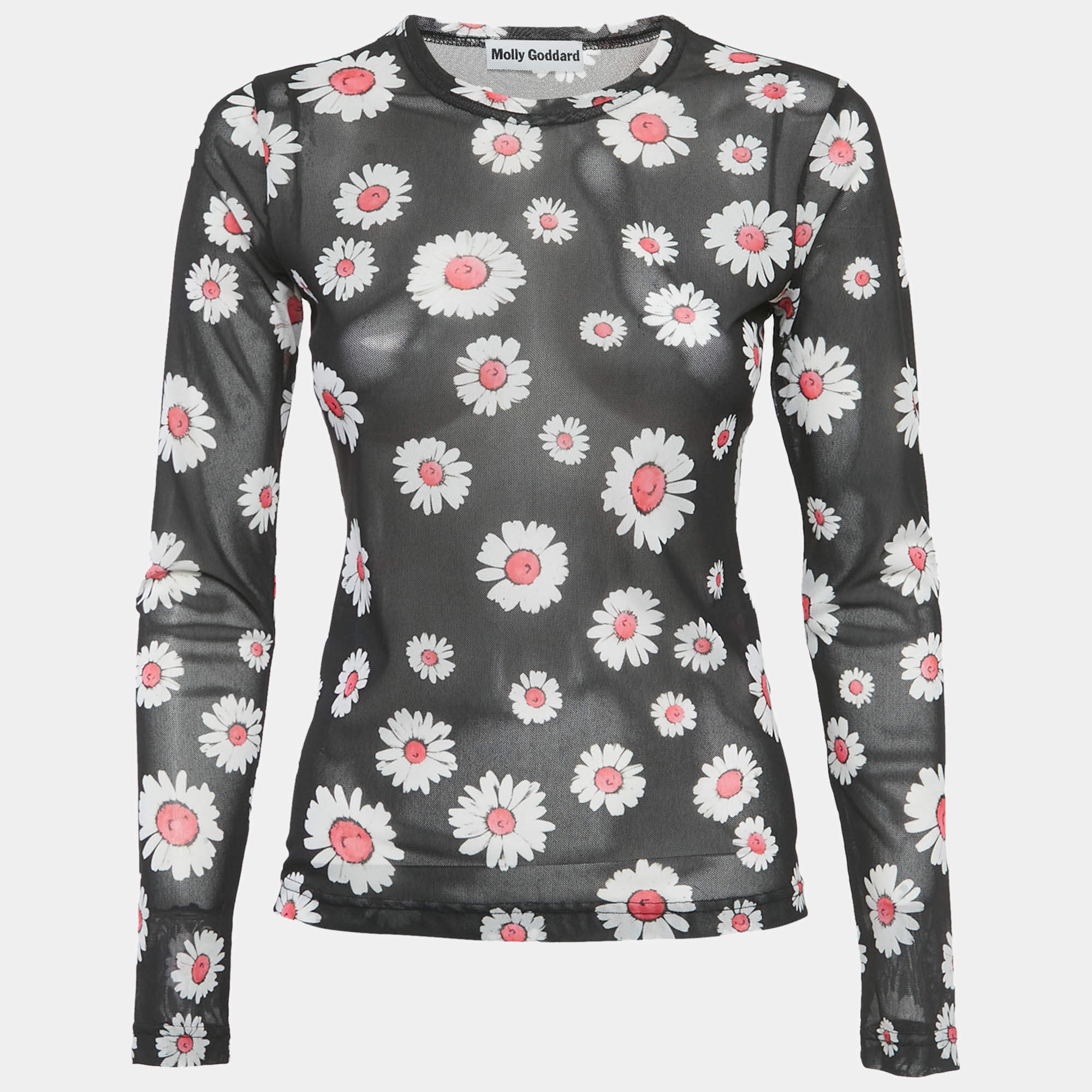 مملوكة مسبقًا Molly Goddard Black Floral Print Stretch Knit Sheer Top M