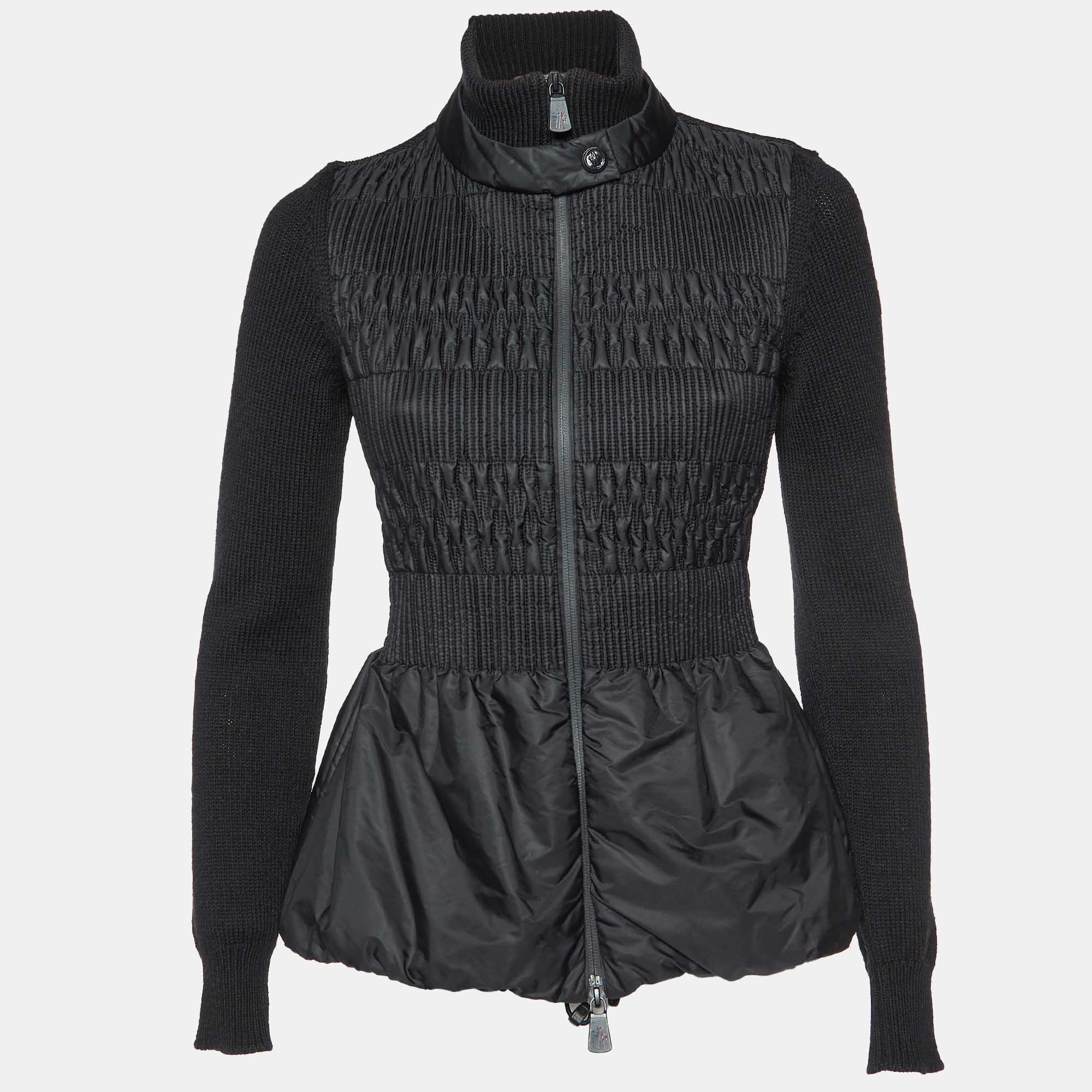 Moncler Grenoble Black Smocked Nylon and Wool Knit Evening Jacket S