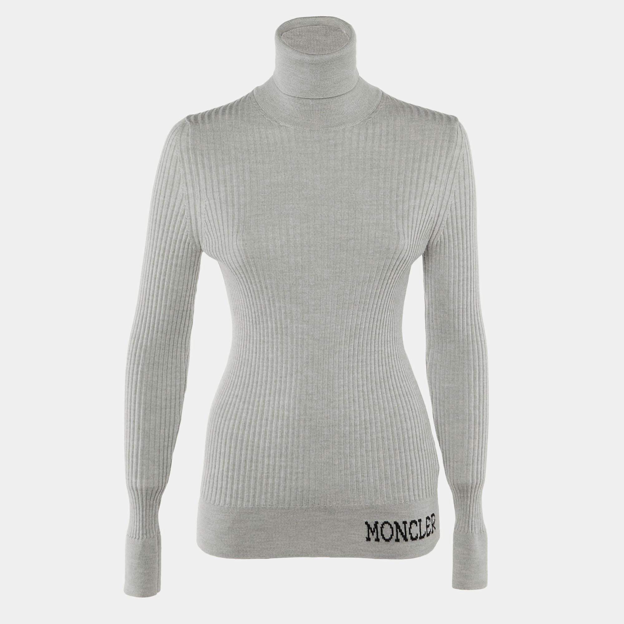 Pre Owned Moncler Grey Wool Rib Knit Ciclista Turtle Neck Sweater L