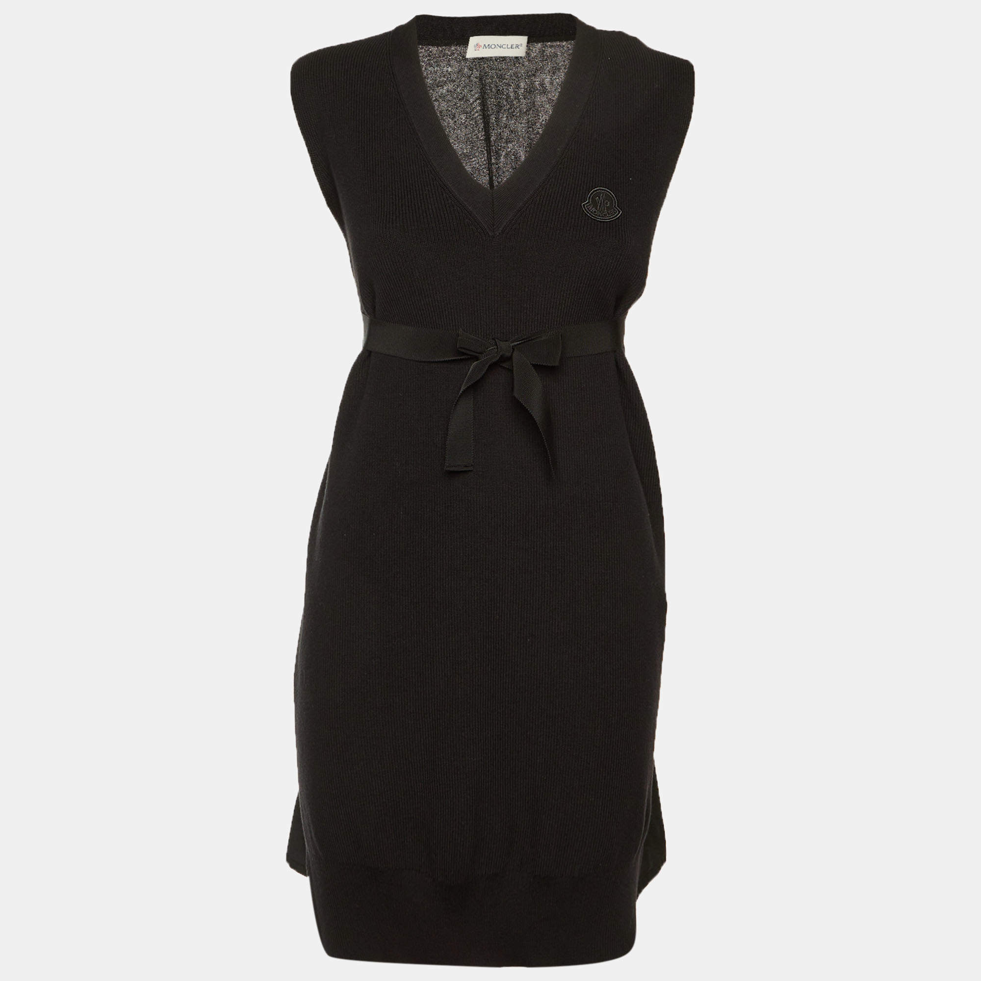 Pre Owned Moncler Black Cotton & Cashmere Blend Logo Applique Sweater Mini Dress XS