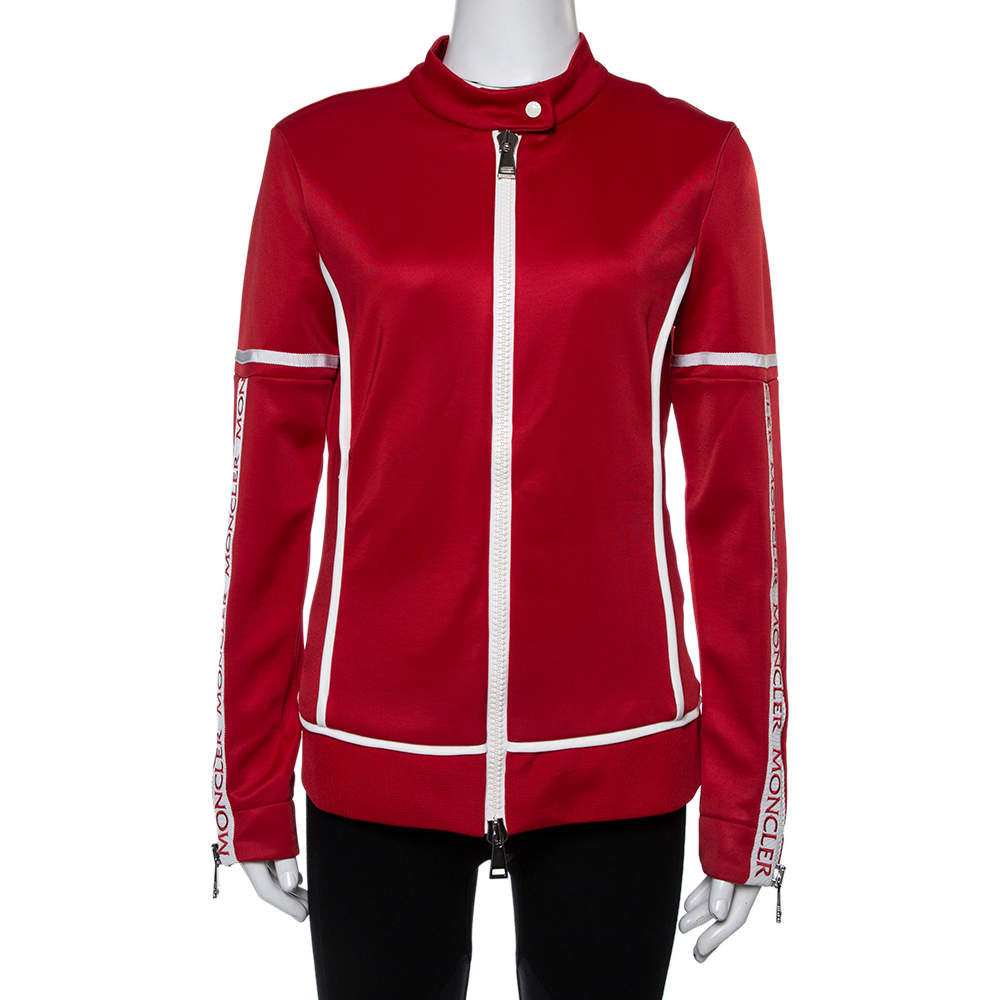 Pre Owned Moncler Red Jersey Contrast Trim Detail Zip Front Track Jacket L