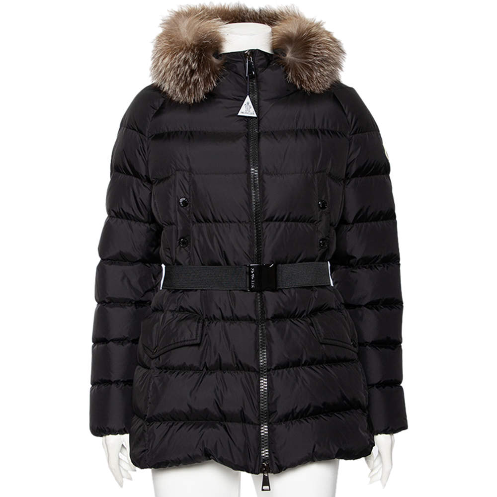 Pre Owned Moncler Black Synthetic Fur Lined Hood Detail Belted Down Jacket L