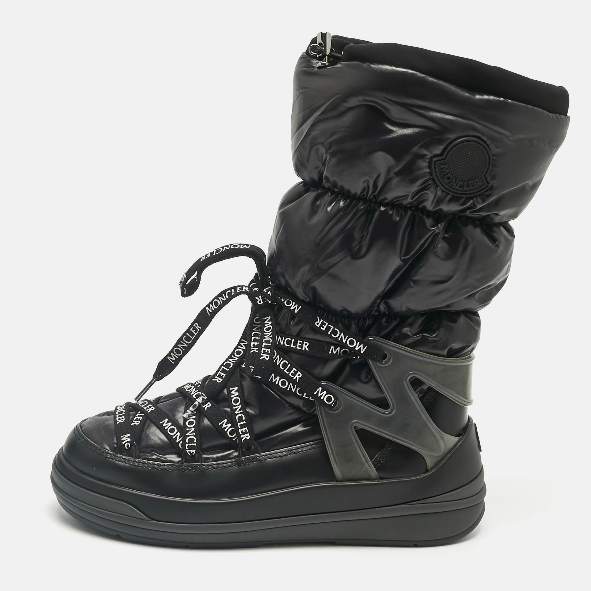 Pre Owned Moncler Black Nylon and Leather Insoluxe Mid Calf Snow Boots Size 35