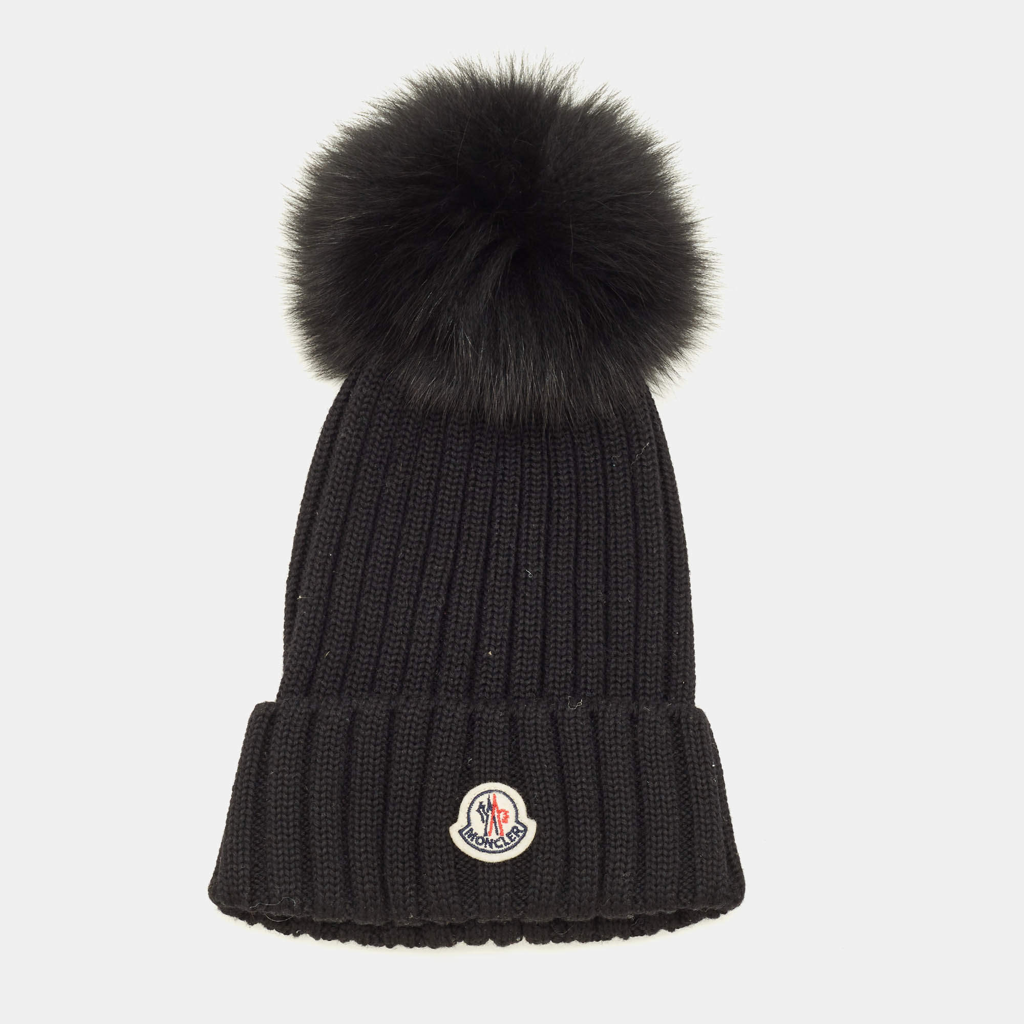 Pre Owned Moncler Black Wool Knit Pom Pom Beanie Hat One Size